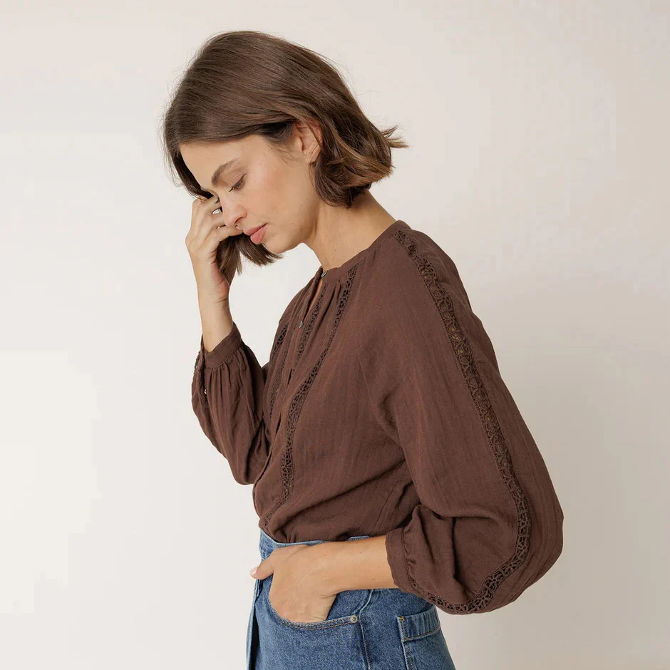Women's Cotton Muslin Blouse - Chocolate - Image 3