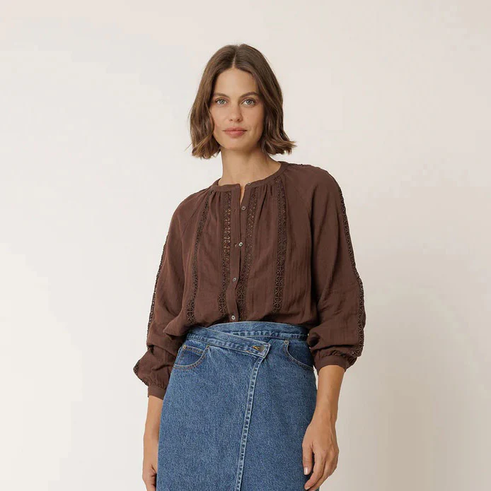 Women's Cotton Muslin Blouse - Chocolate - Image 4