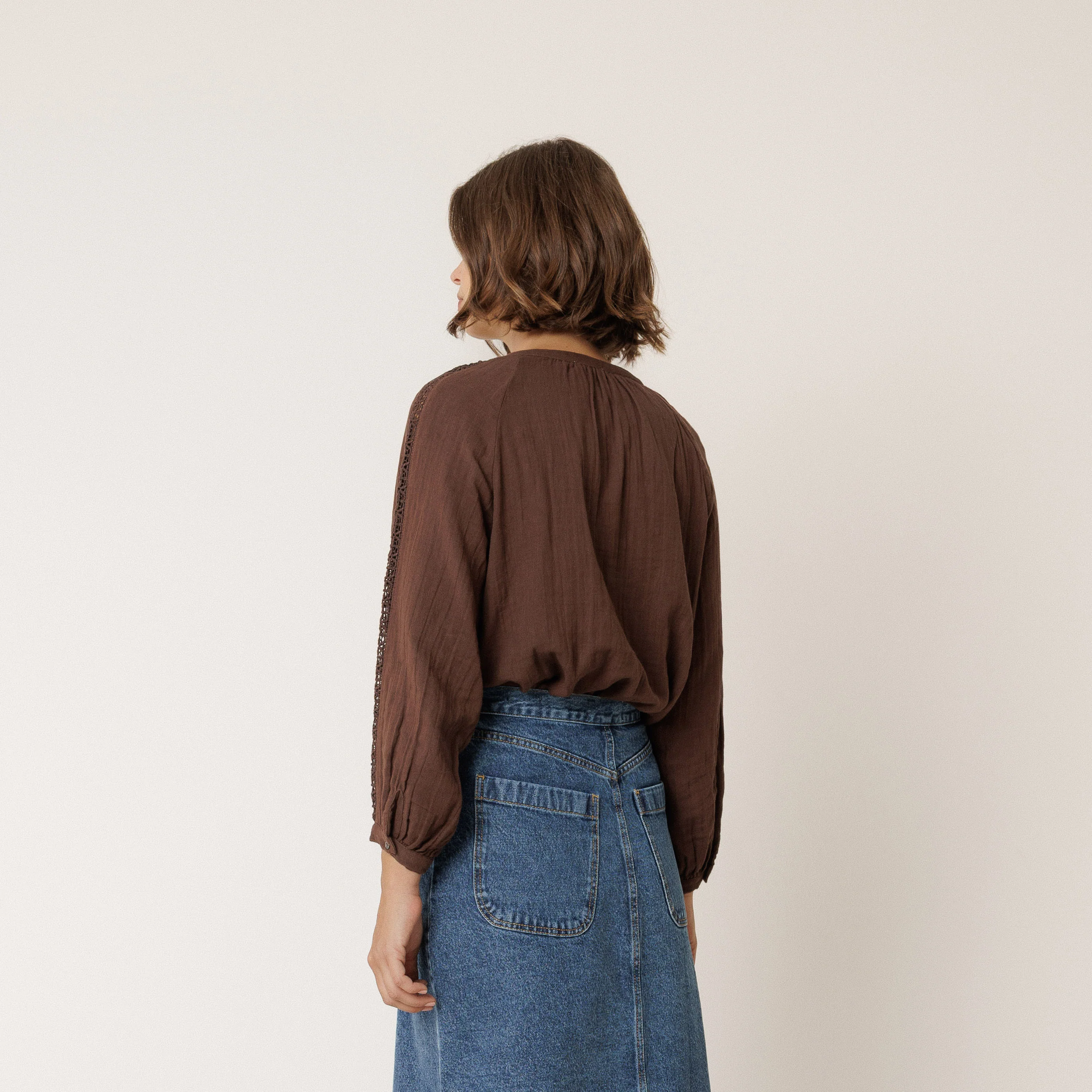 Women's Cotton Muslin Blouse - Chocolate - Image 7