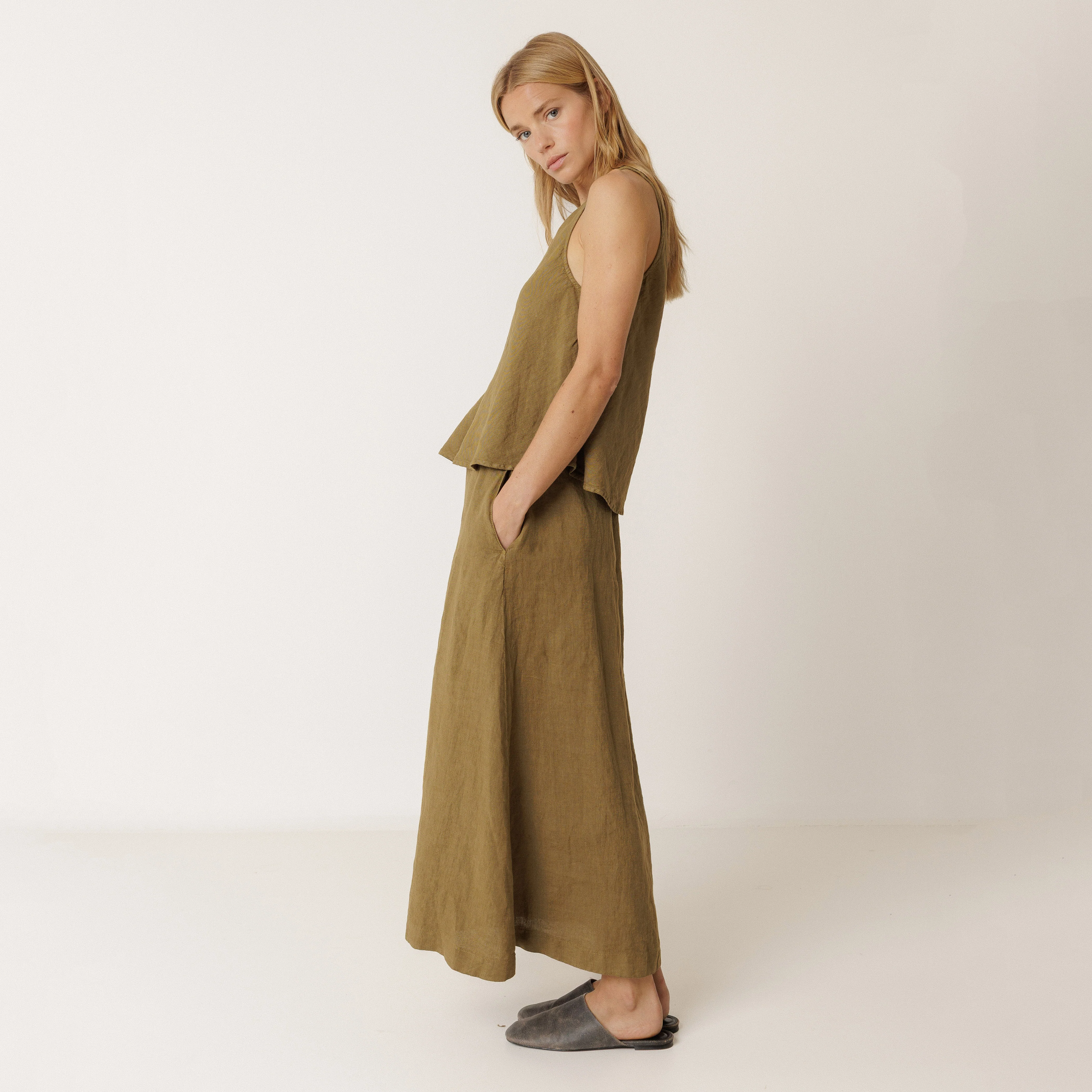 Women's Linen Long Skirt - Khaki - Image 4