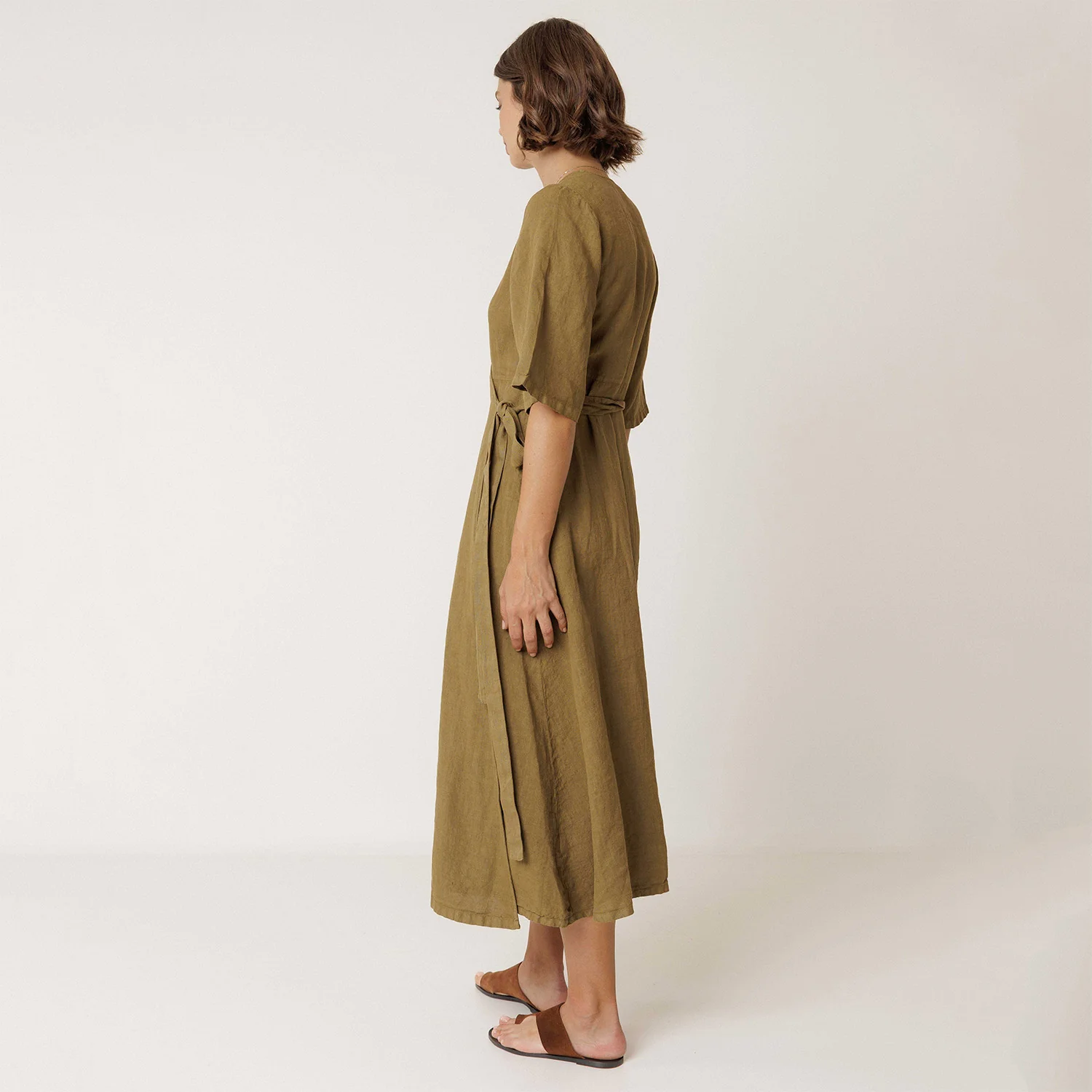 Women's Linen Wrap Dress - Khaki - Image 3