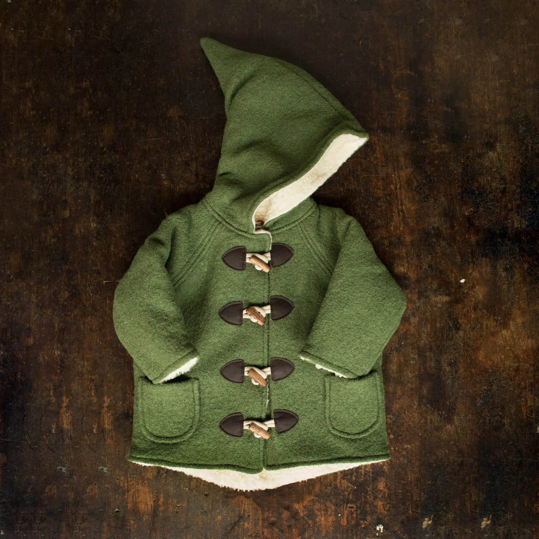 Baby & Kids Wool/Cotton Sherpa Pixie Hooded Coat - Moss Green - Image 2