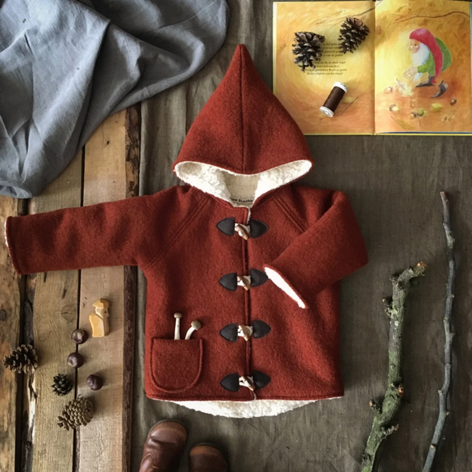 Baby & Kids Wool/Cotton Sherpa Pixie Hooded Coat - Terracotta - Image 2