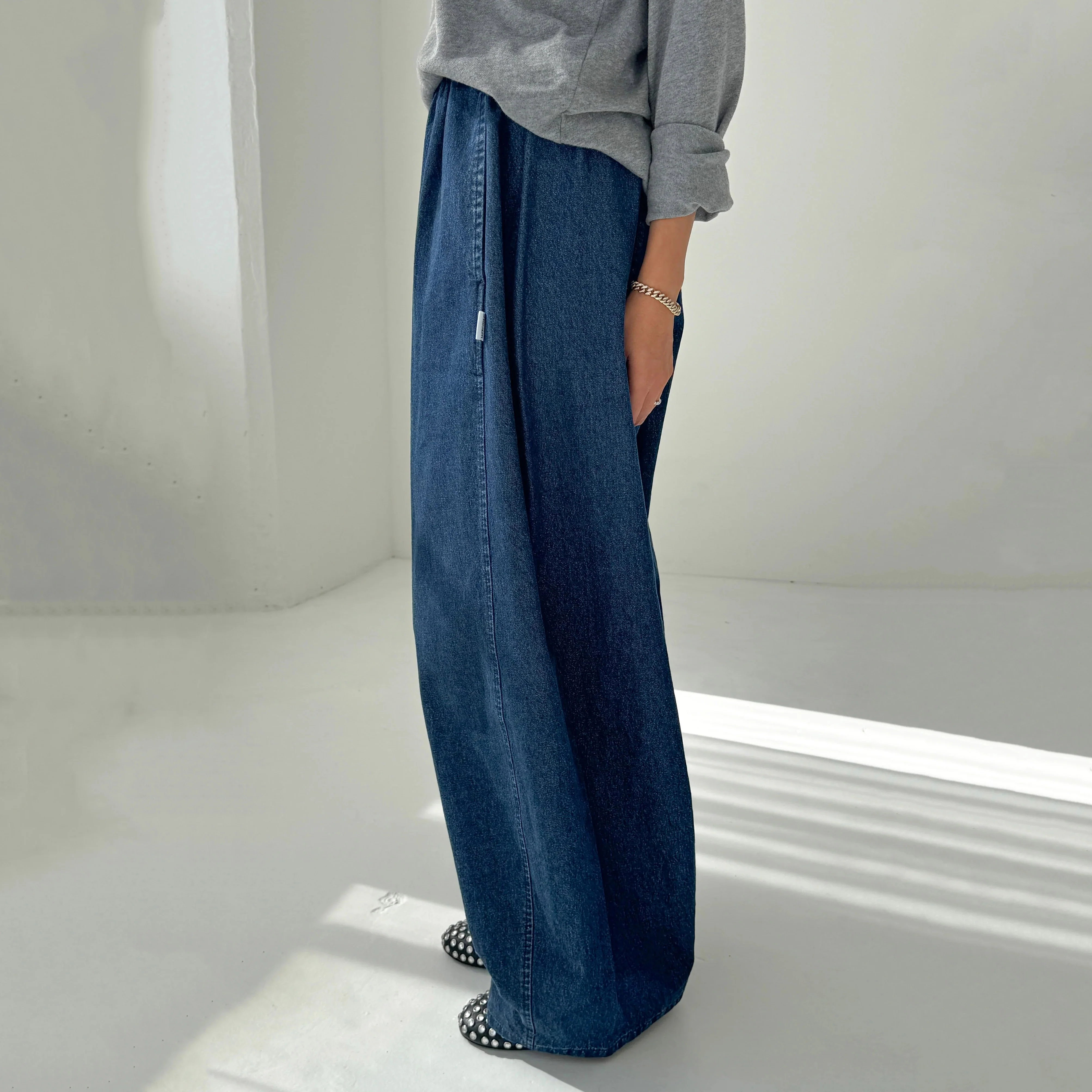 Women's Cotton Parachute Pants - Denim Blue - Image 3