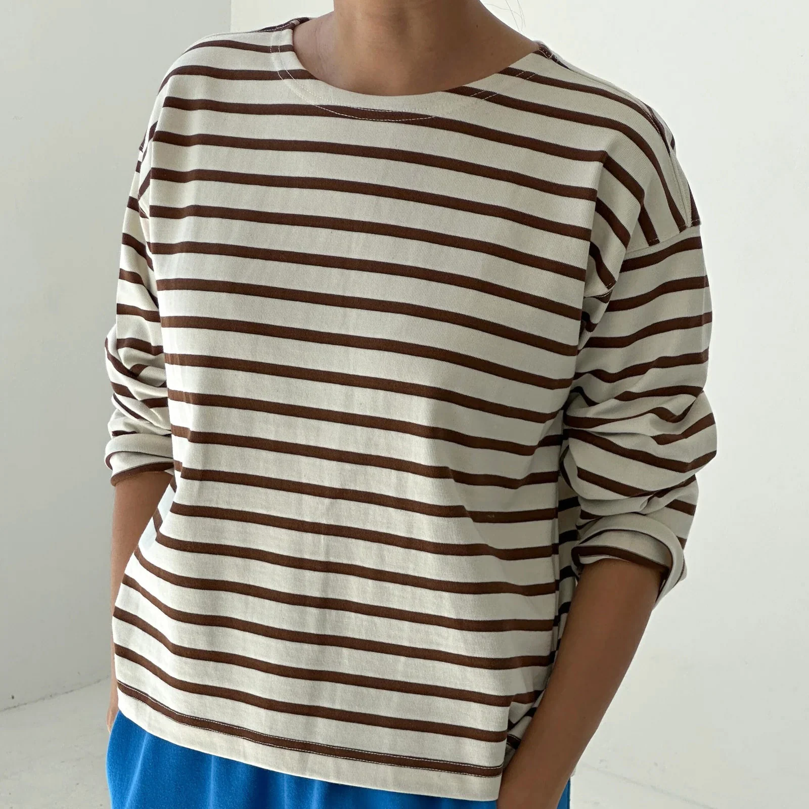 Women's Cotton Sailor Top - Coffee Stripe - Image 2