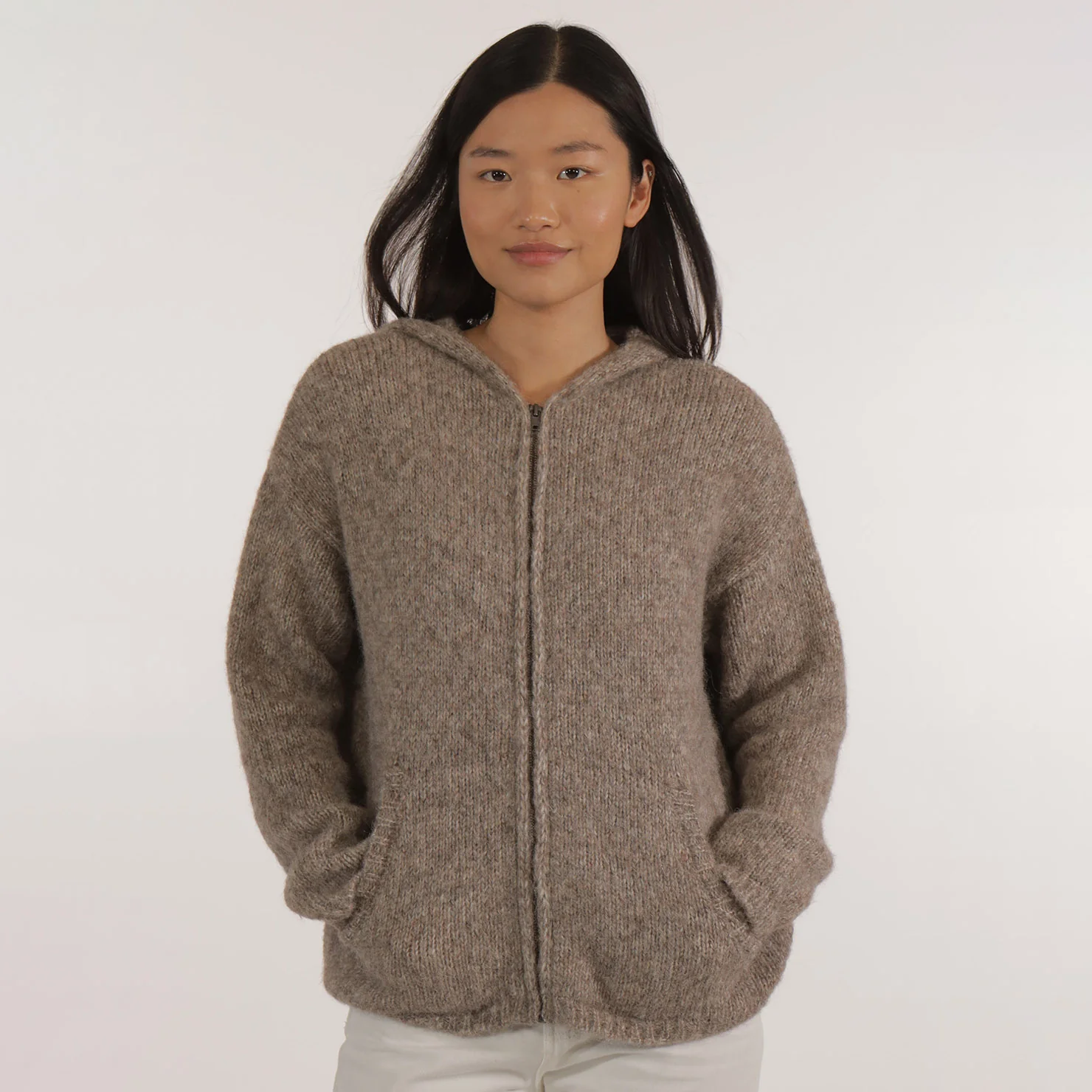 Women's Alpaca/Cotton Diamant Hooded Cardigan - Grege Chine