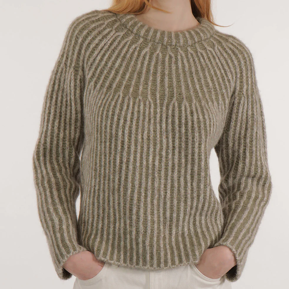 Women's Alpaca/Cotton Iris Rib Sweater - Khaki/Grey - Image 2