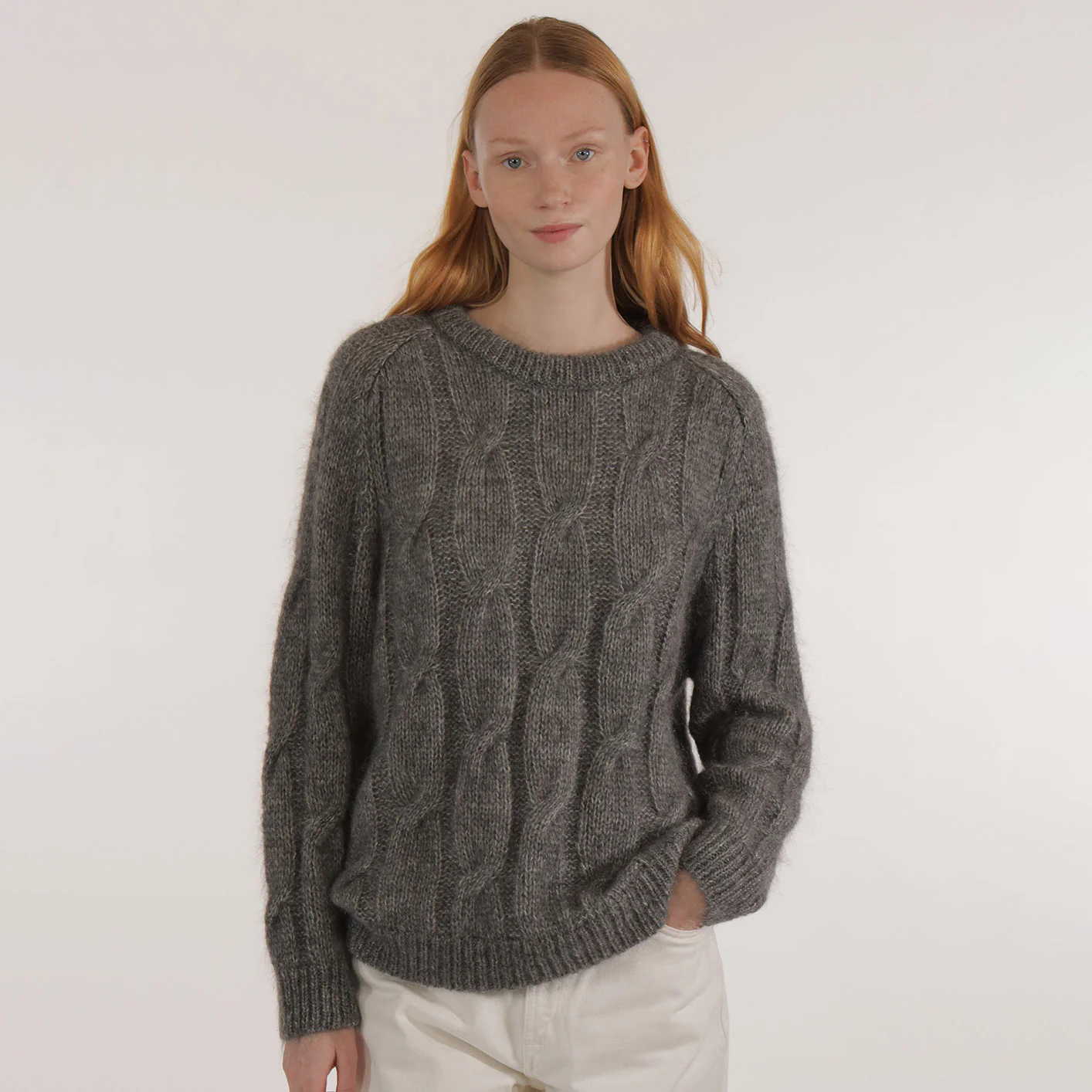 Women's Mohair/Merino Wool Iroise Cable Sweater - Grey Chine - Image 2