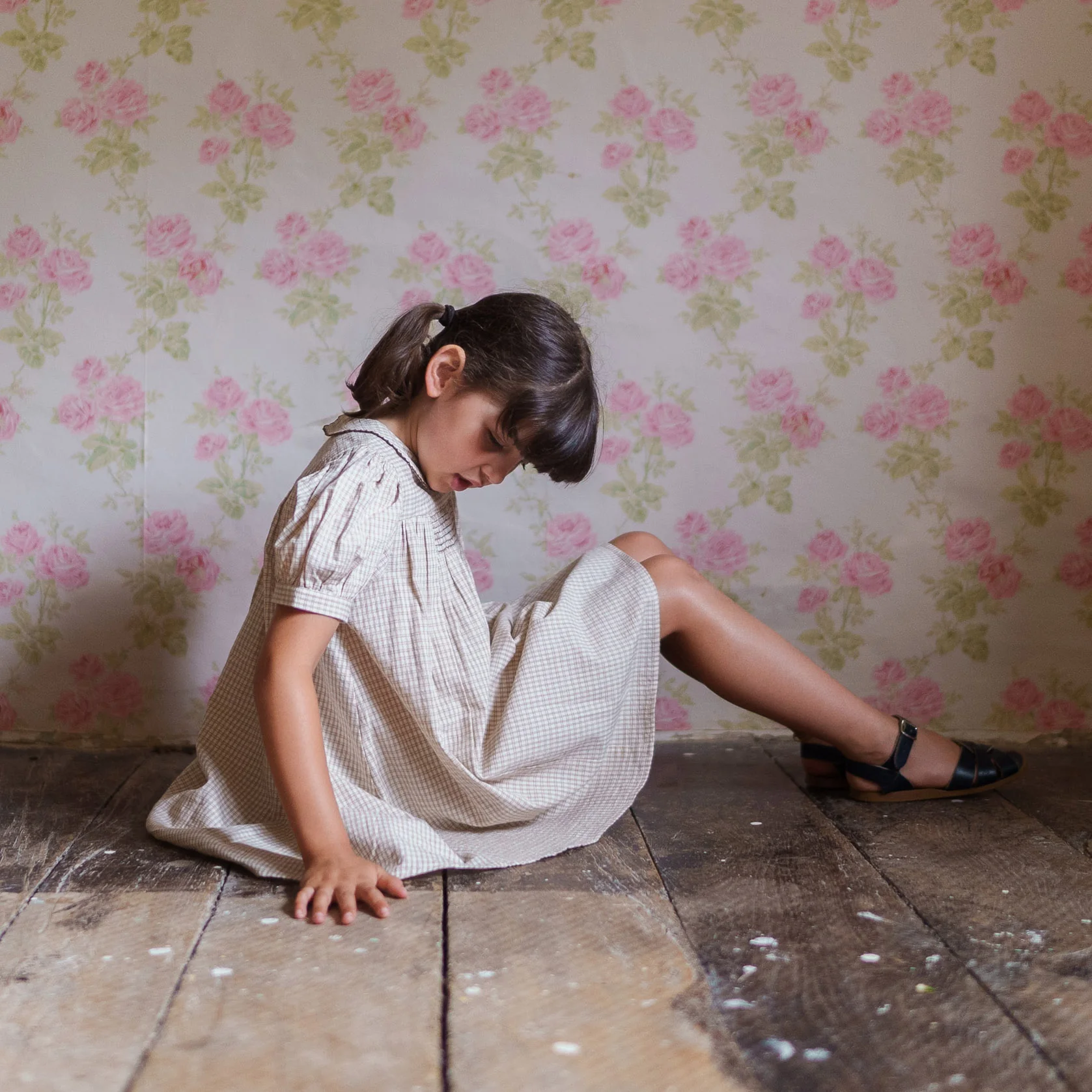 Kids Cotton Sally Dress - Straw Check - Image 3