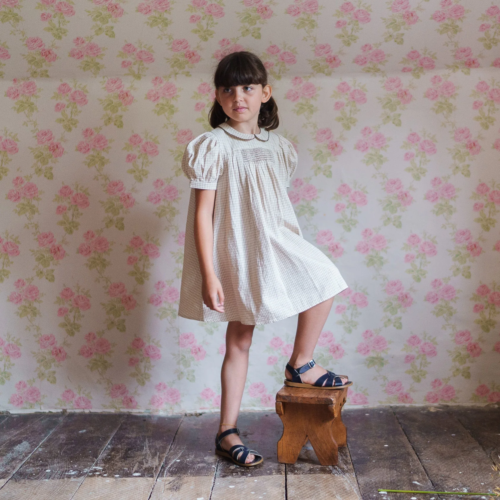Kids Cotton Sally Dress - Straw Check - Image 8
