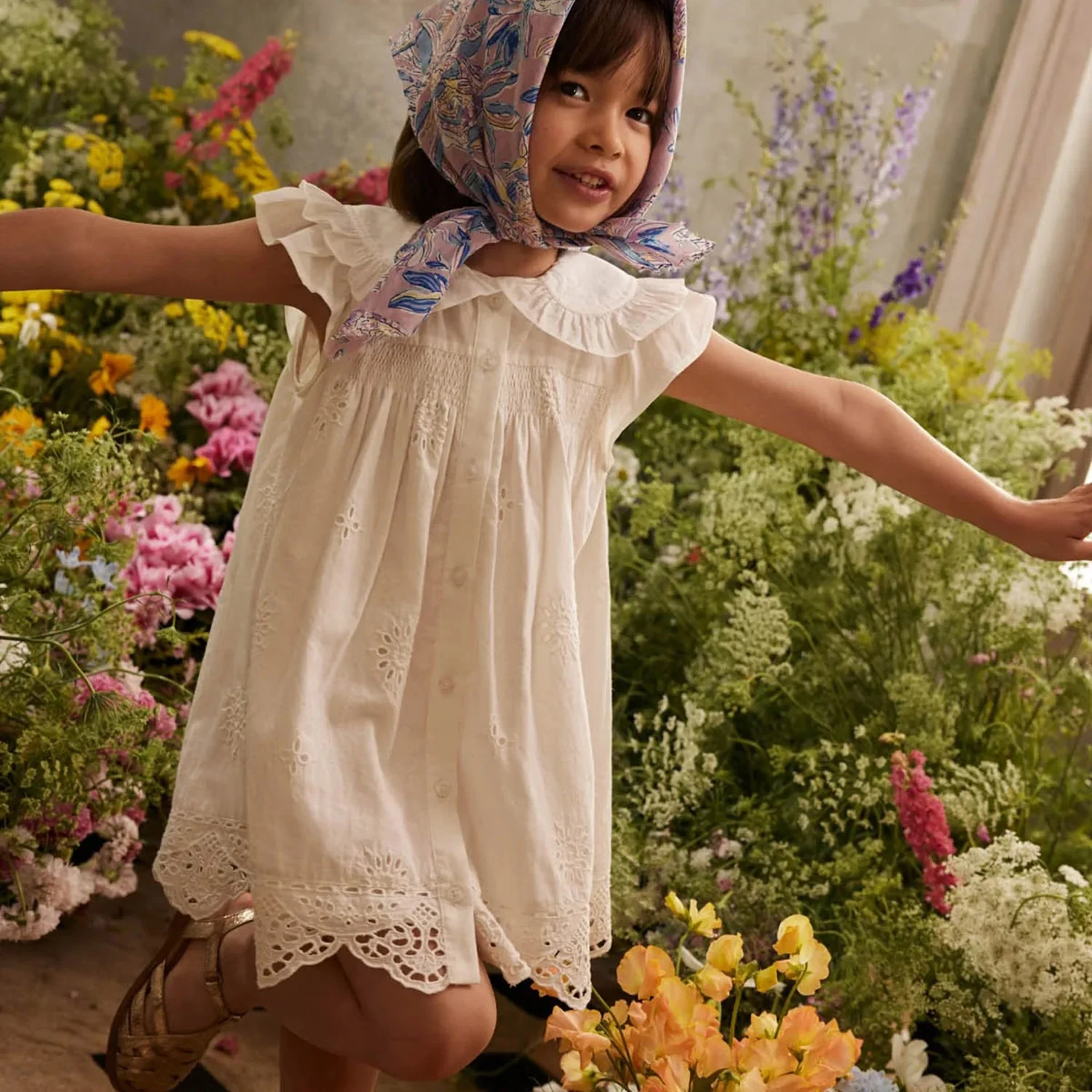 Kids Cotton Mia Dress - Off White Schiffli - Image 6