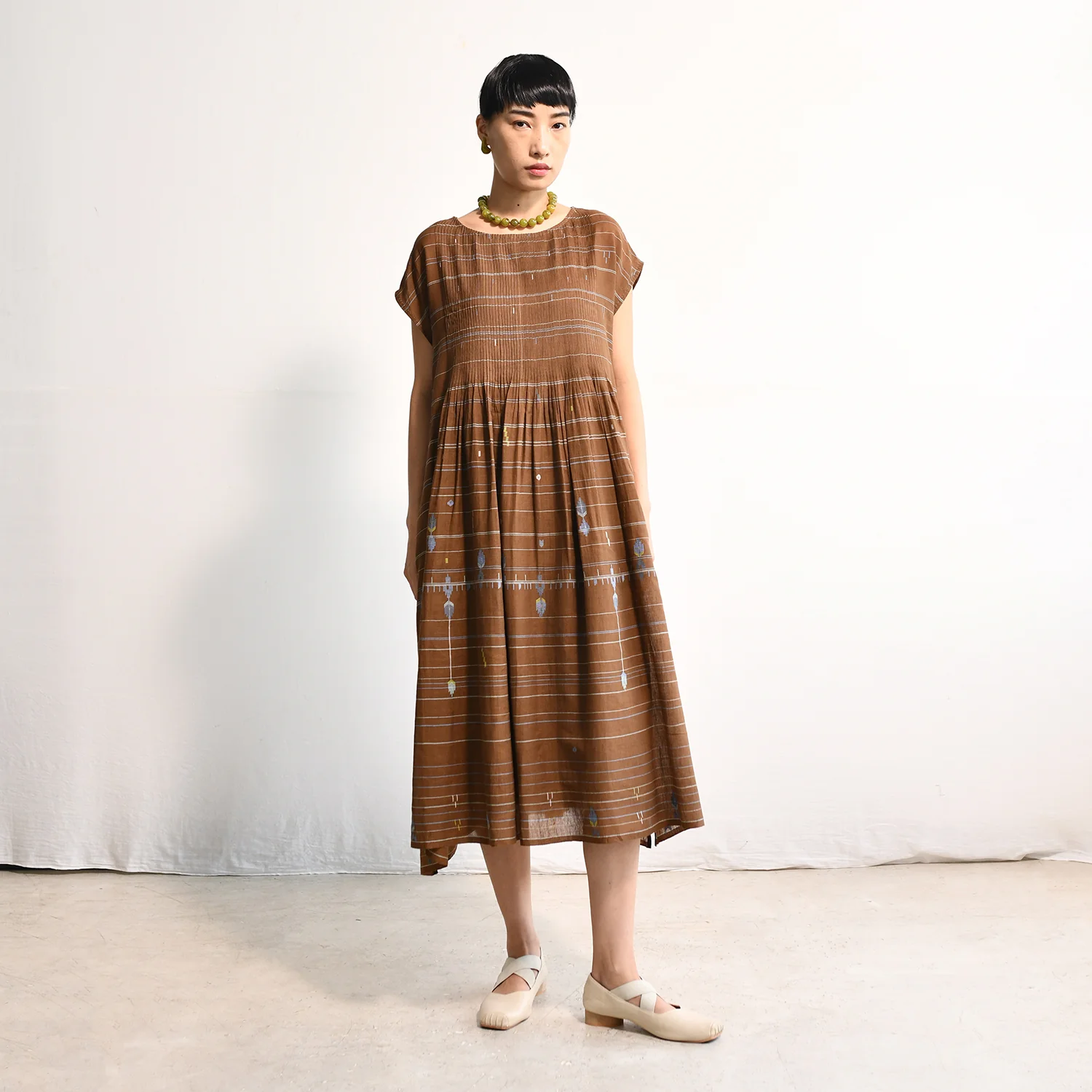 Women's Handloomed Cotton Kasumi Dress - Brown Stripe