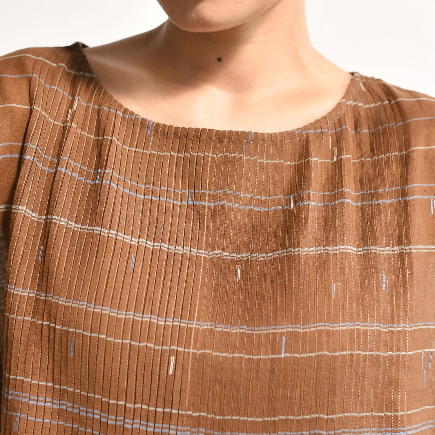 Women's Handloomed Cotton Kasumi Dress - Brown Stripe - Image 10
