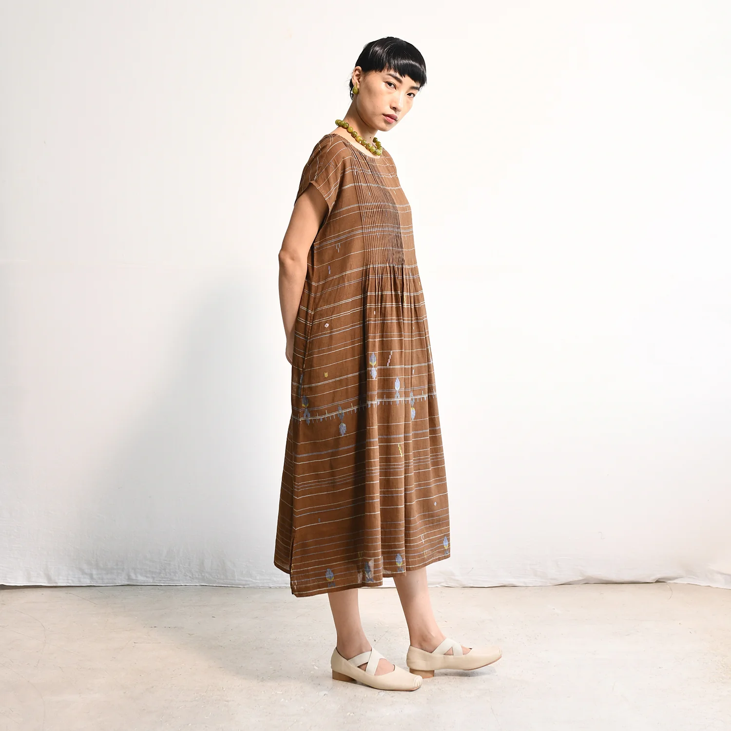 Women's Handloomed Cotton Kasumi Dress - Brown Stripe - Image 11