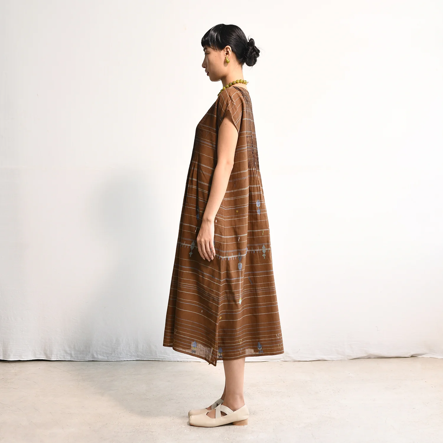 Women's Handloomed Cotton Kasumi Dress - Brown Stripe - Image 12