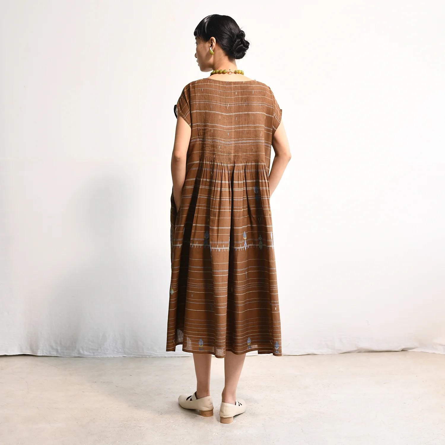 Women's Handloomed Cotton Kasumi Dress - Brown Stripe - Image 13