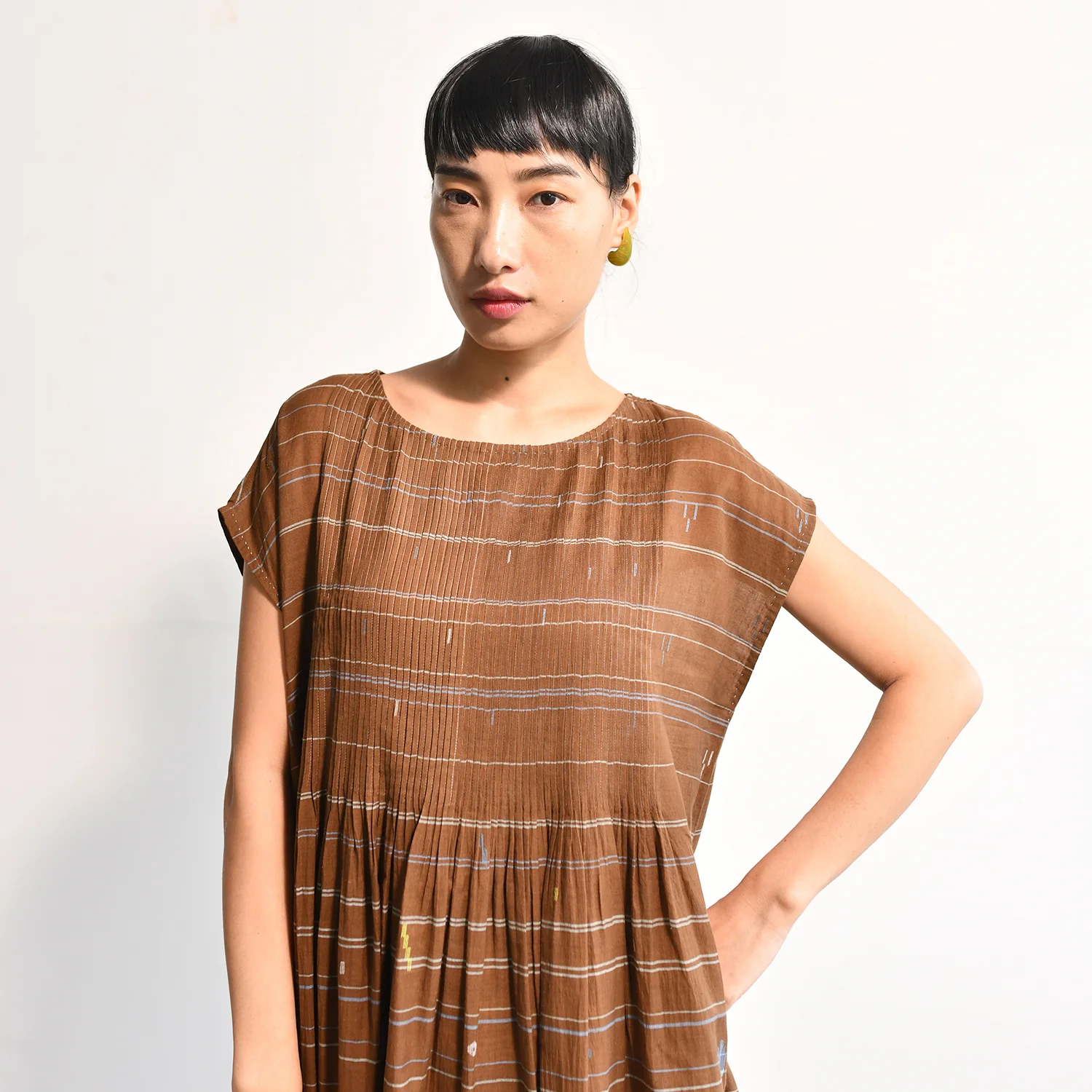 Women's Handloomed Cotton Kasumi Dress - Brown Stripe - Image 2