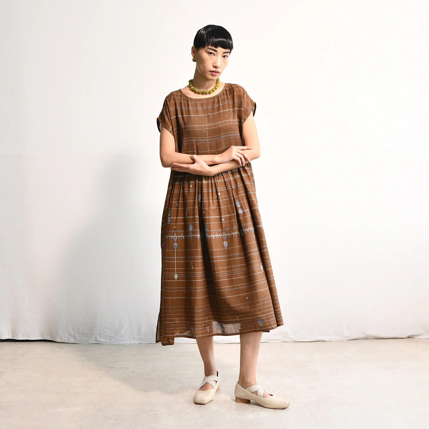 Women's Handloomed Cotton Kasumi Dress - Brown Stripe - Image 3