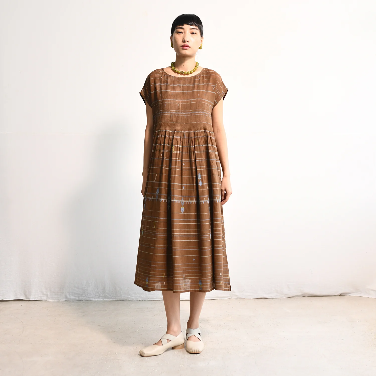 Women's Handloomed Cotton Kasumi Dress - Brown Stripe - Image 4