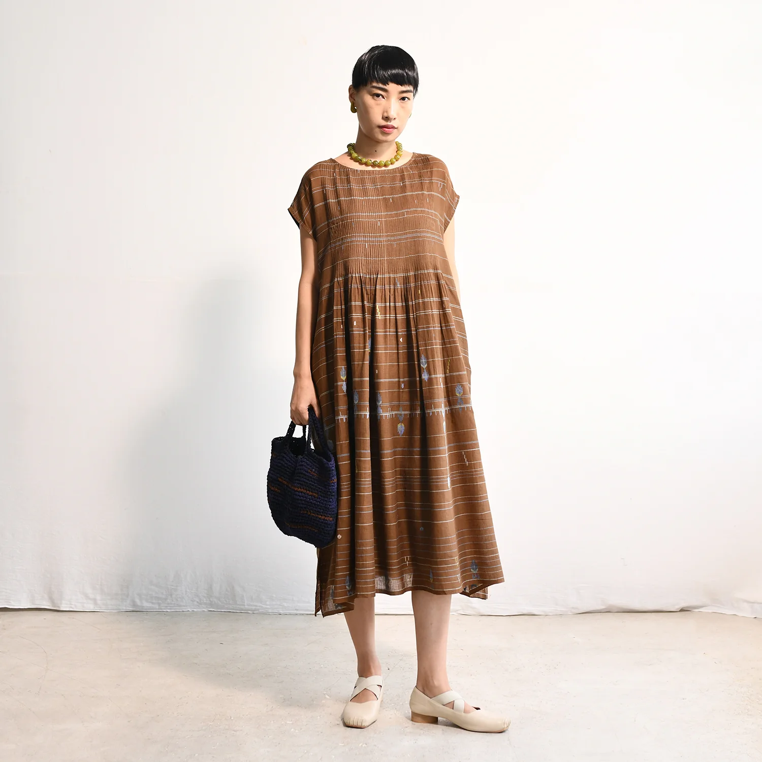 Women's Handloomed Cotton Kasumi Dress - Brown Stripe - Image 5