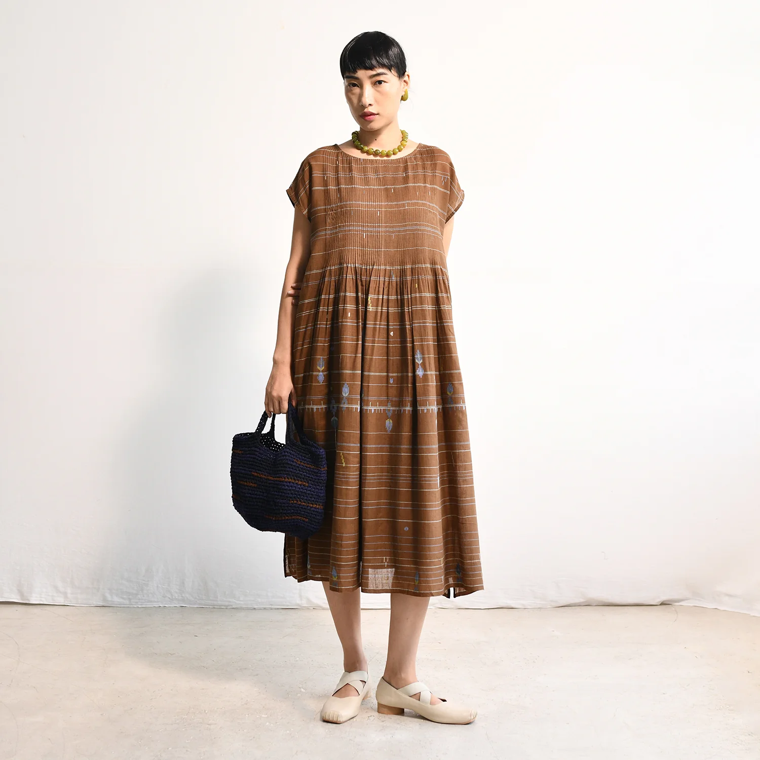 Women's Handloomed Cotton Kasumi Dress - Brown Stripe - Image 6