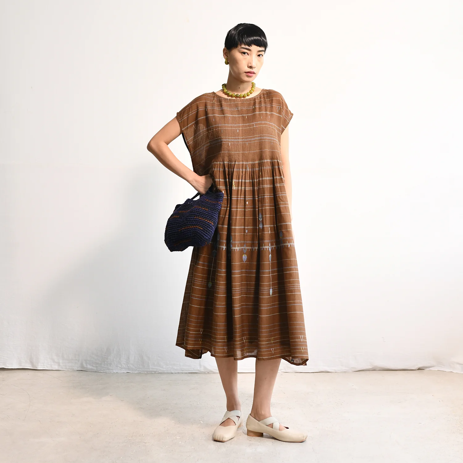 Women's Handloomed Cotton Kasumi Dress - Brown Stripe - Image 7
