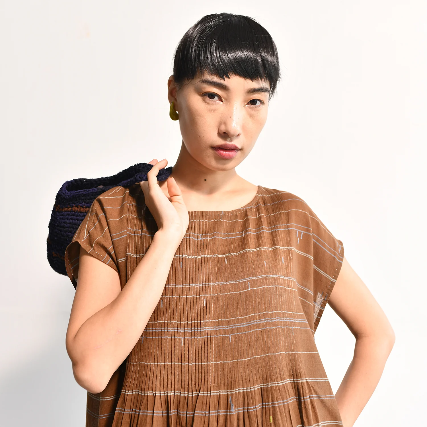Women's Handloomed Cotton Kasumi Dress - Brown Stripe - Image 8