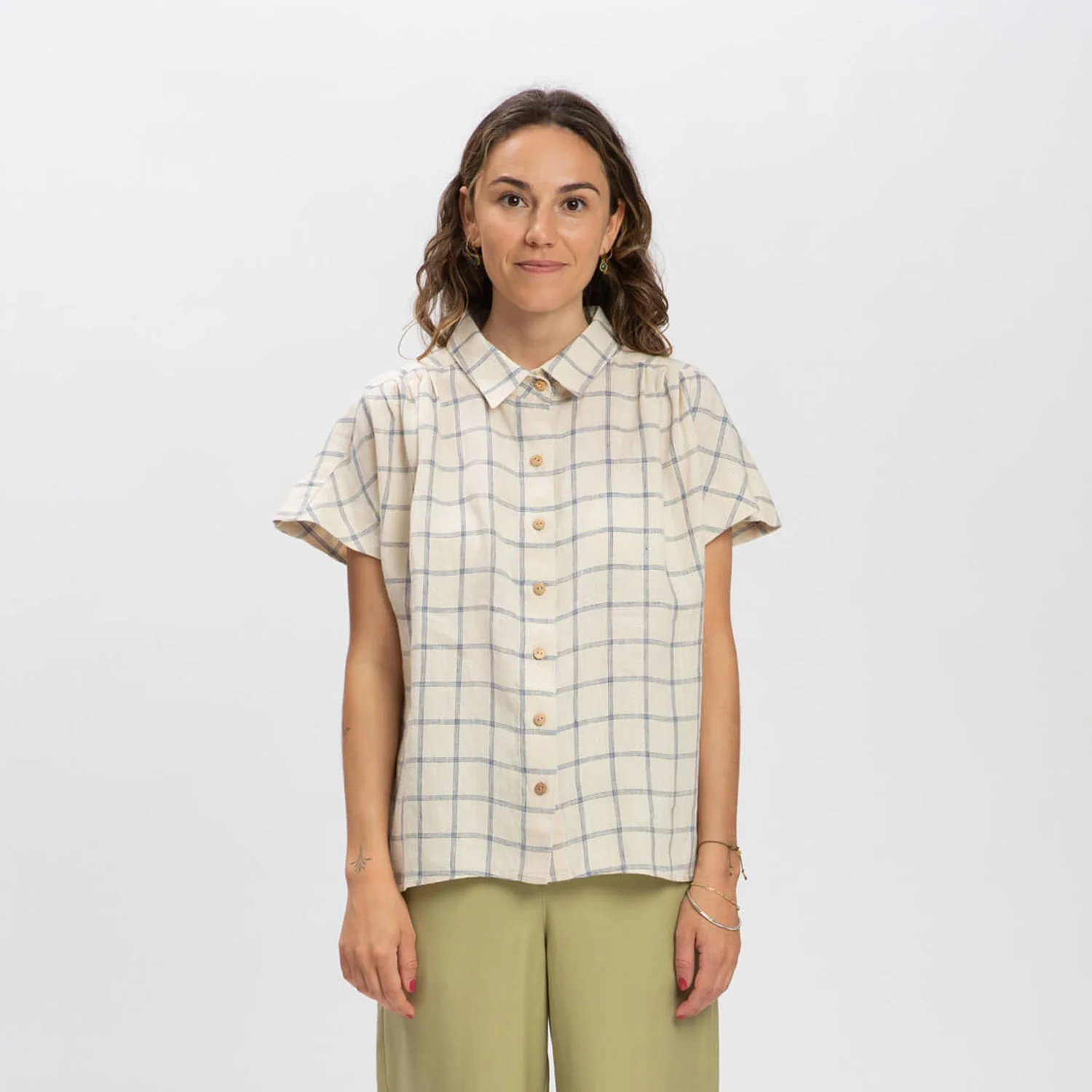 Women's Linen Blouse - Blue Net - Image 3