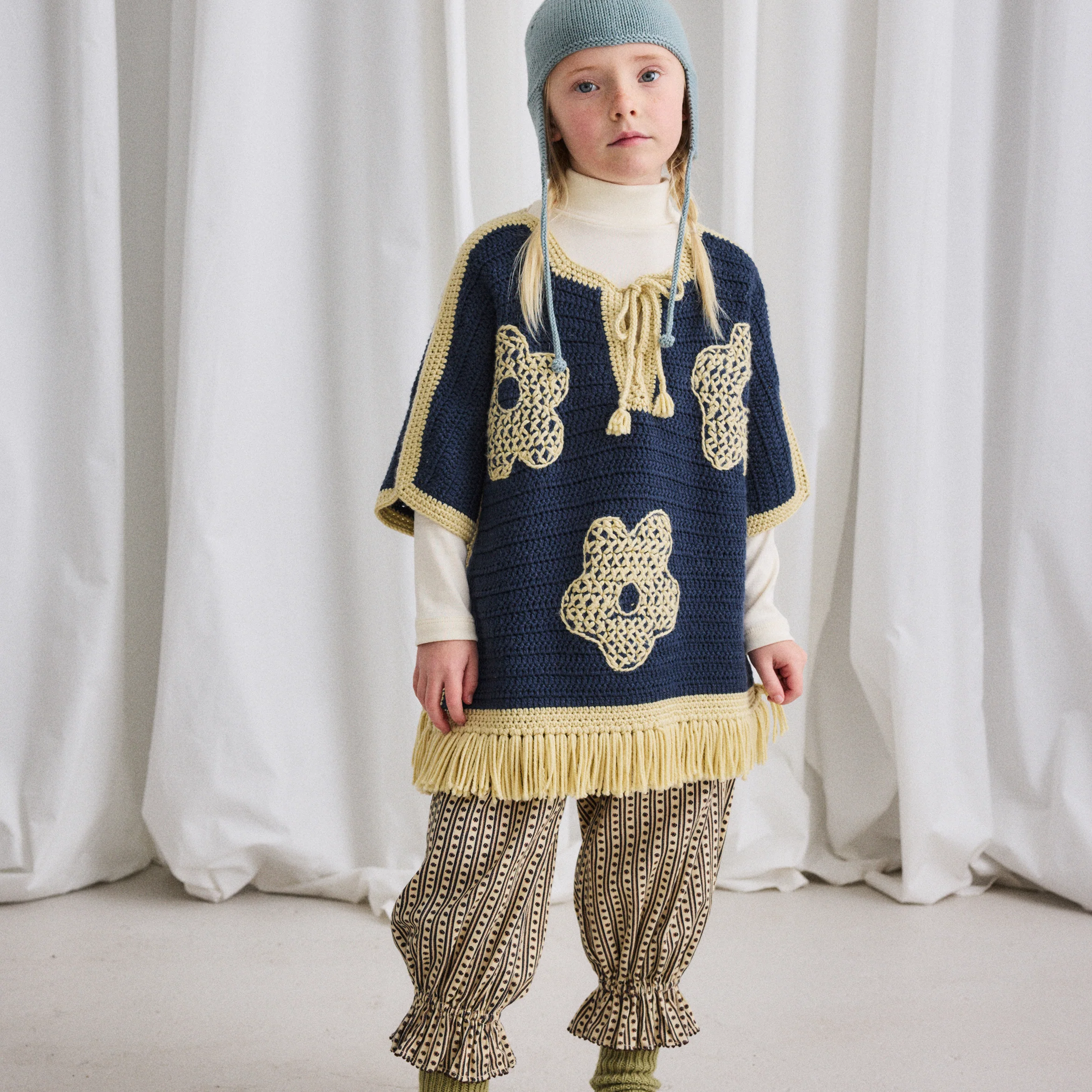 Kids Merino Wool Crochet Blomma Fringe Poncho - Galaxy - Image 7