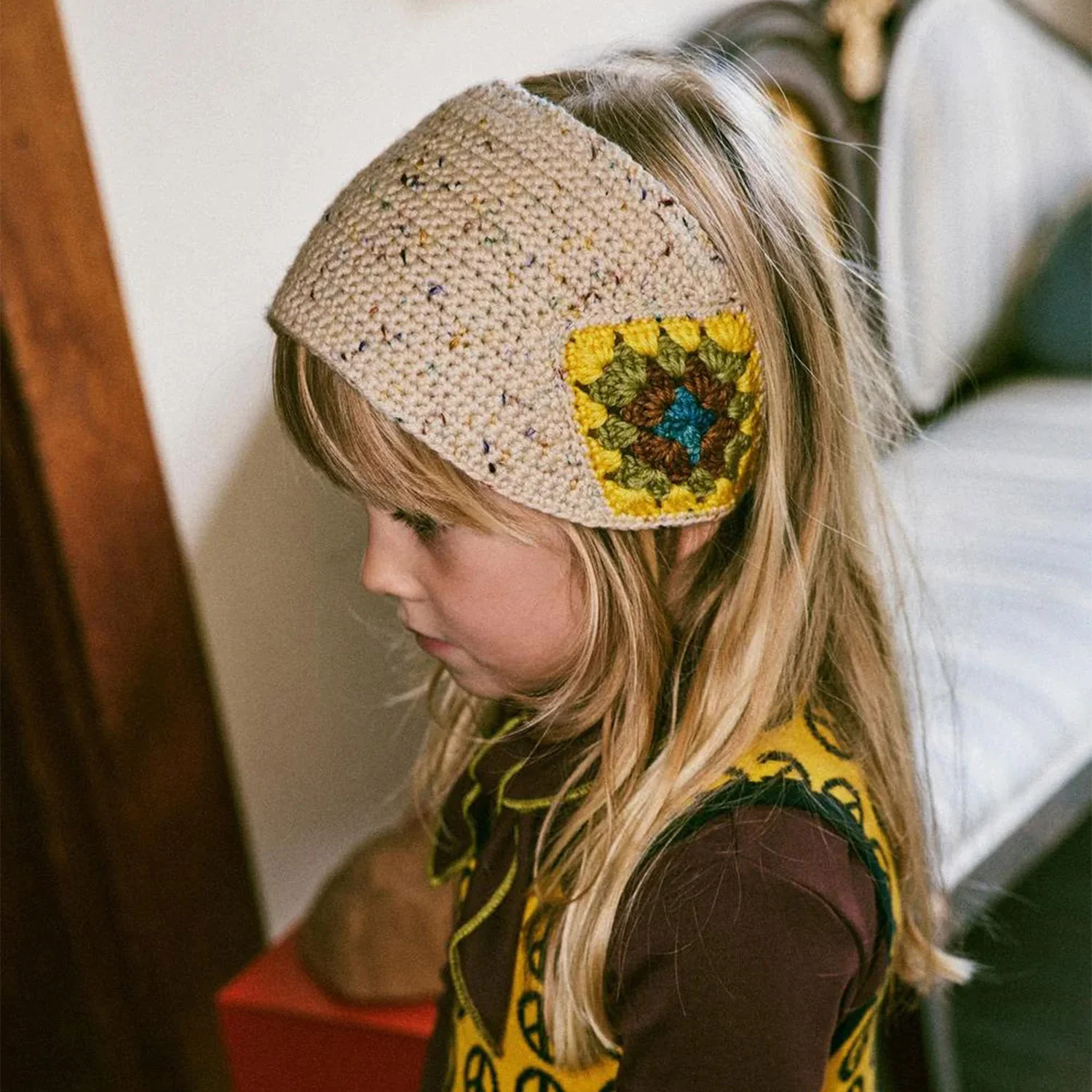 Kids Hand Crochet Merino Wool Headwarmer - Iris Confetti - Image 2