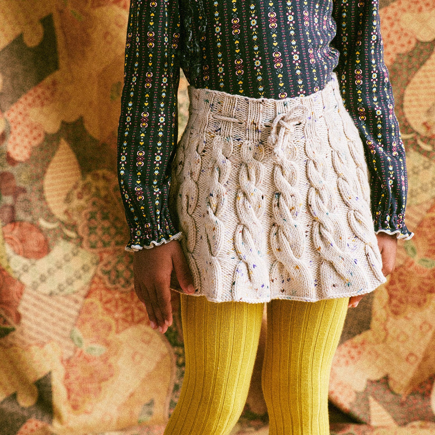 Kids Handknit Merino Wool Cable Skating Skirt - Iris Confetti - Image 2