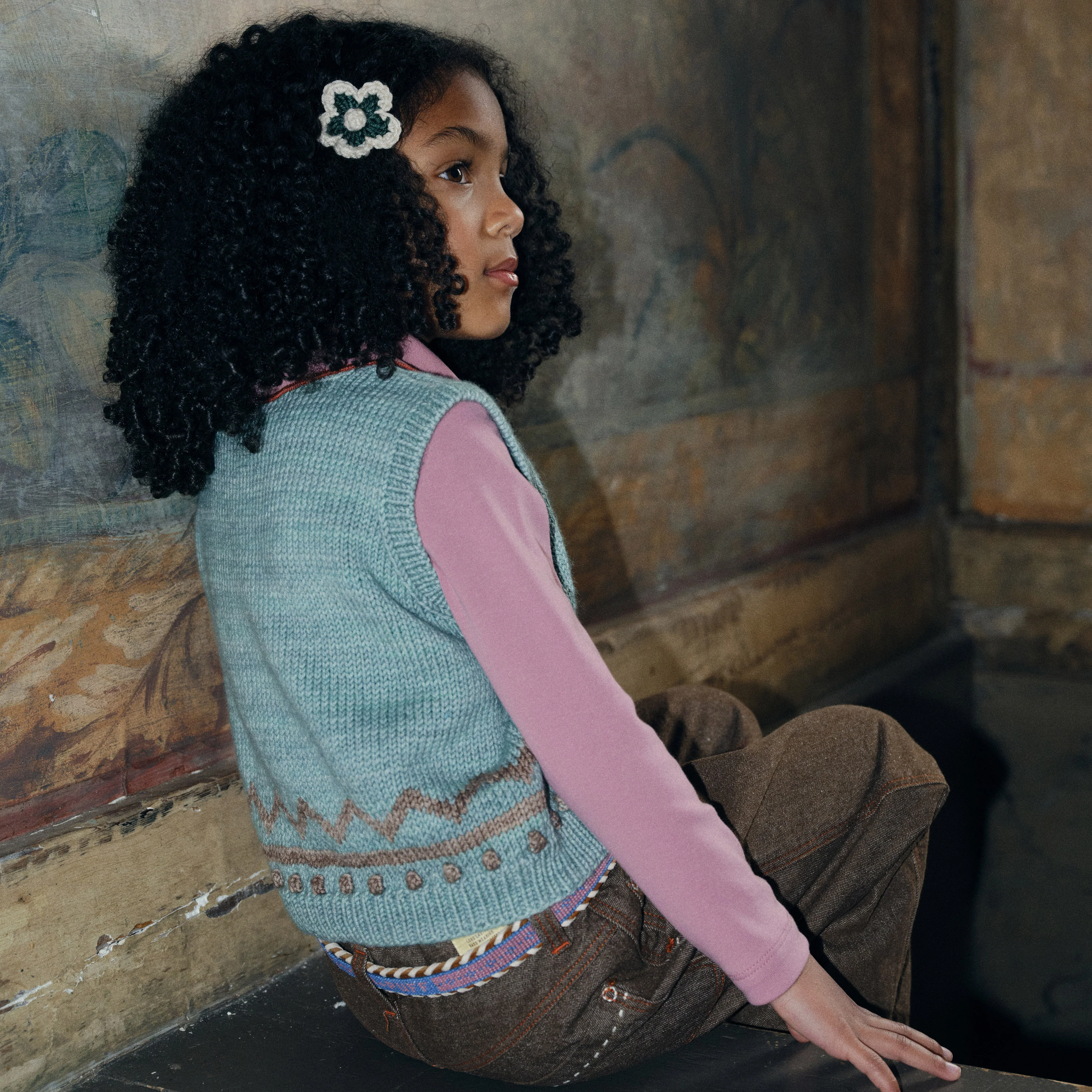 Kids Handknit Merino Wool Zig Zag Vest - Sage - Image 2