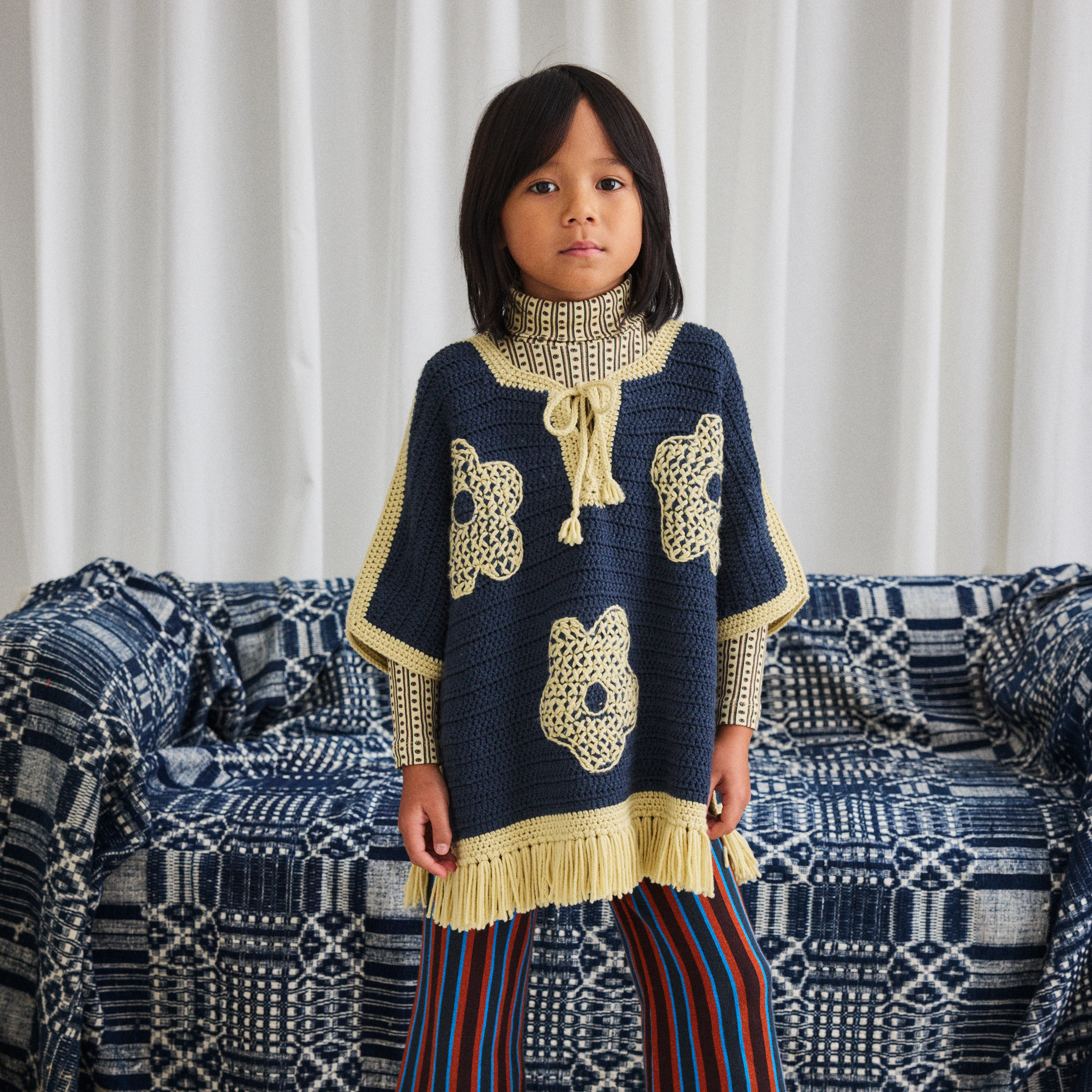 Kids Merino Wool Crochet Blomma Fringe Poncho - Galaxy