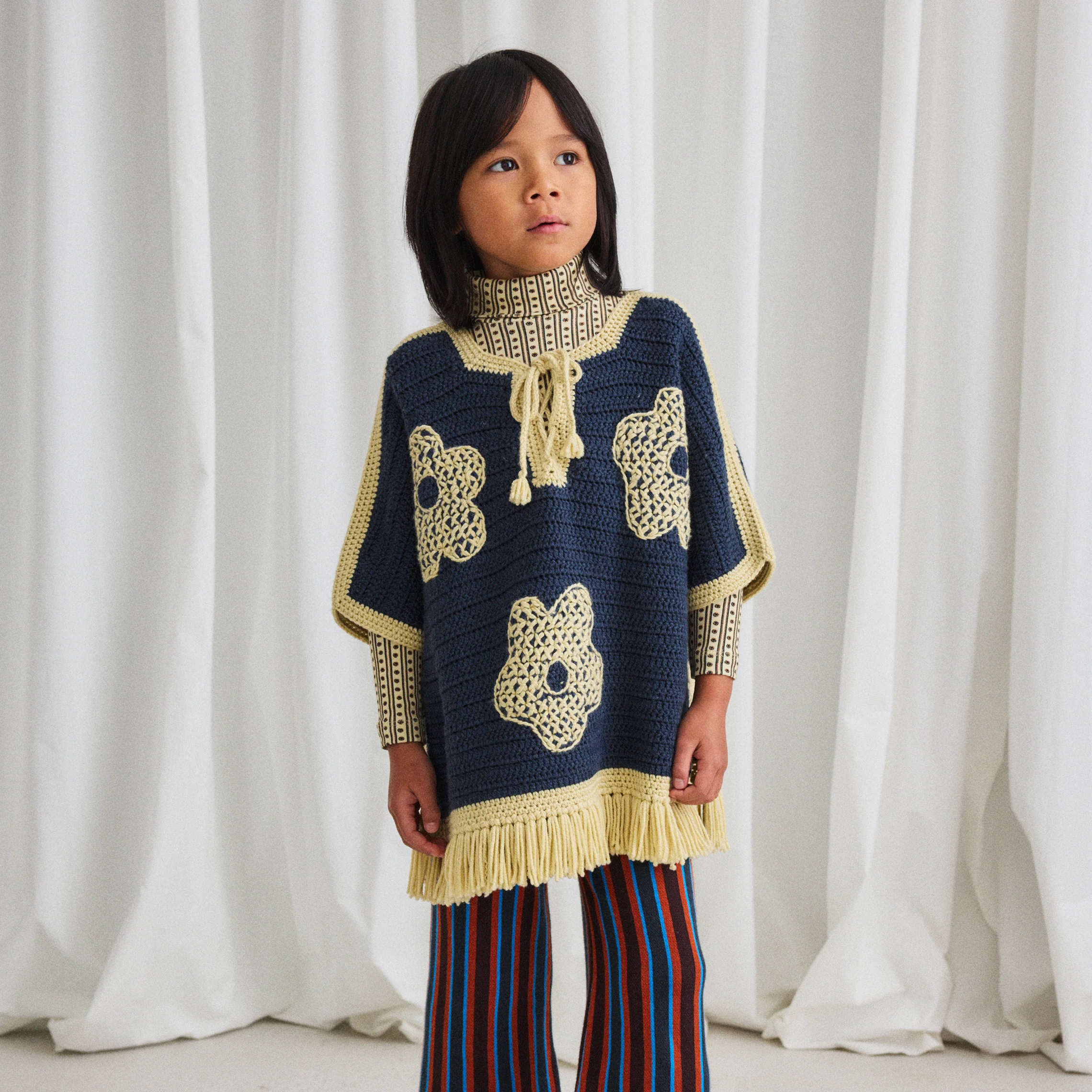 Kids Merino Wool Crochet Blomma Fringe Poncho - Galaxy - Image 4