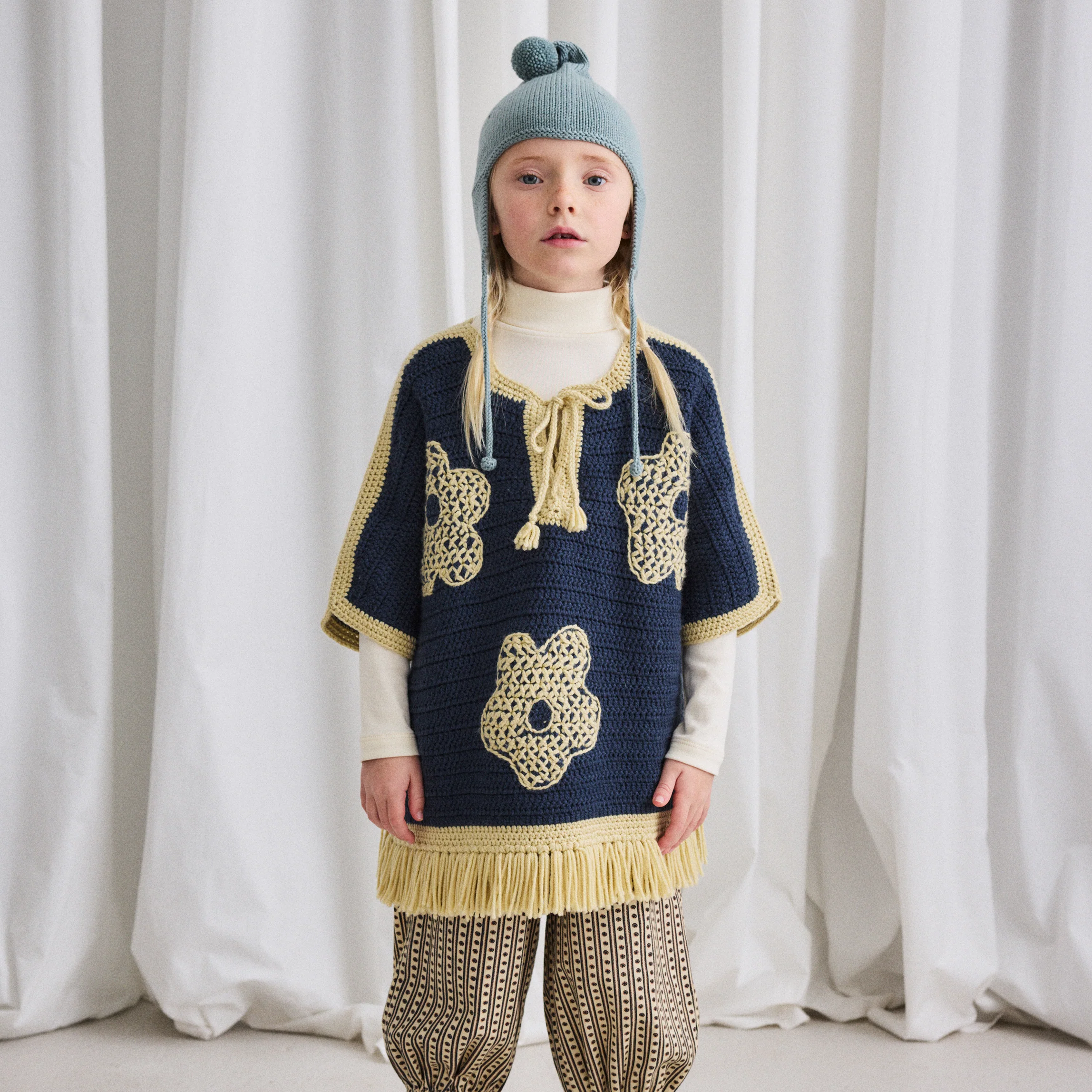 Kids Merino Wool Crochet Blomma Fringe Poncho - Galaxy - Image 8