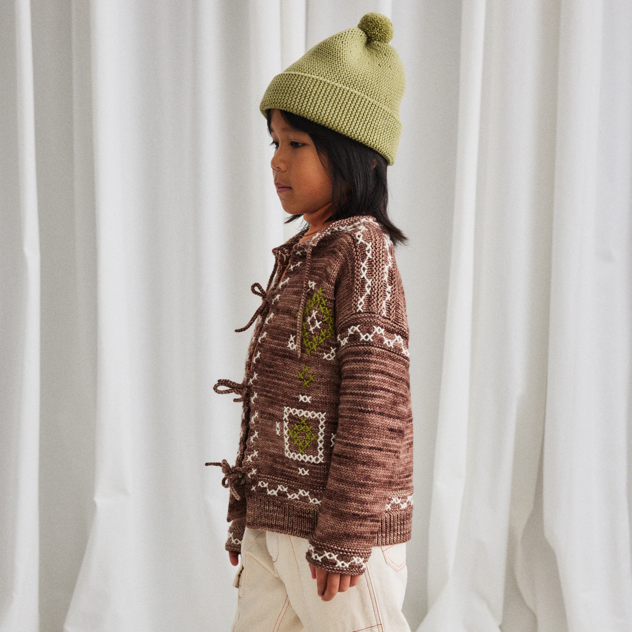 Kids Merino Wool Cross Stitch Bjorn Cardigan - Affogato - Image 3
