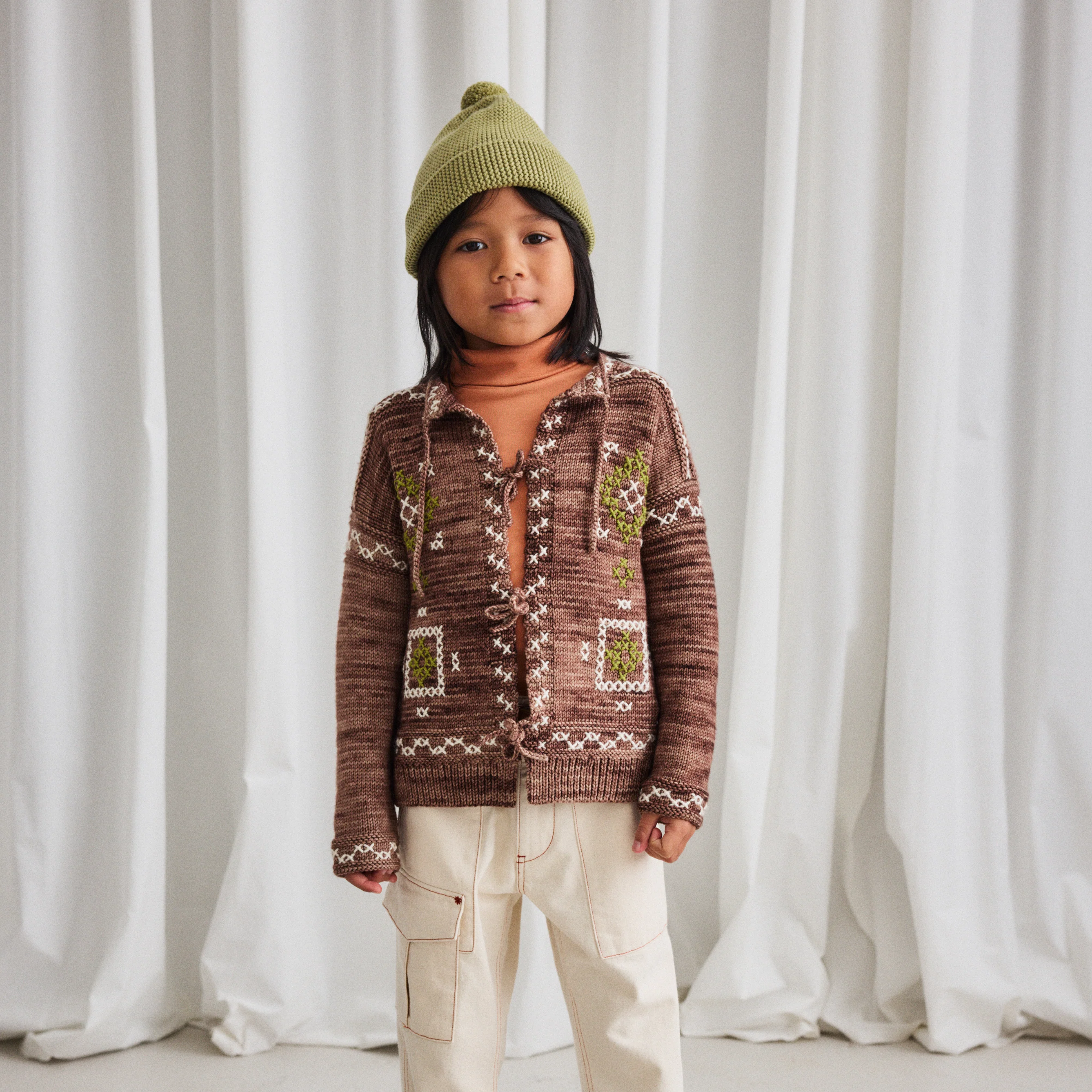 Kids Merino Wool Cross Stitch Bjorn Cardigan - Affogato - Image 4