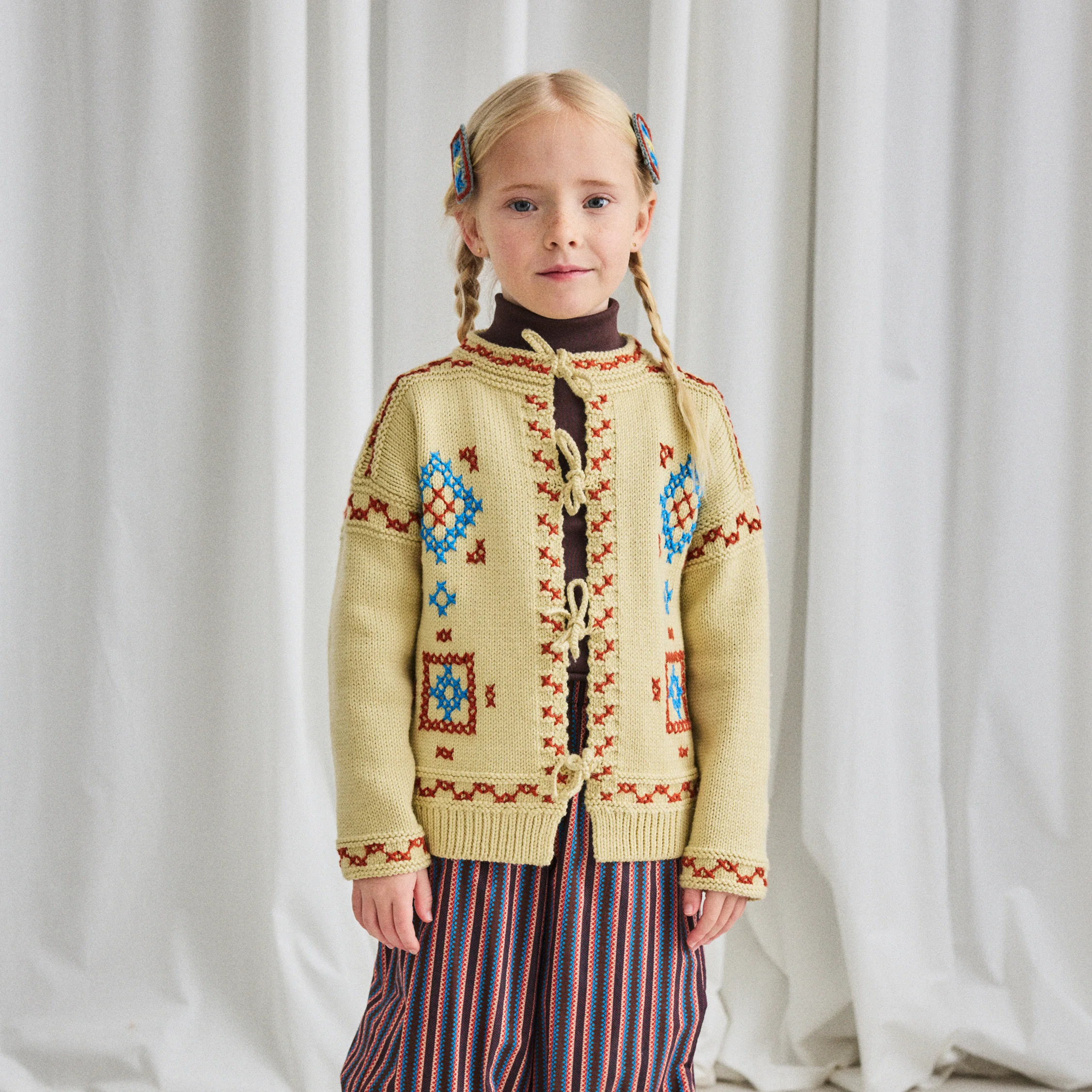 Kids Merino Wool Cross Stitch Bjorn Cardigan - Raffia