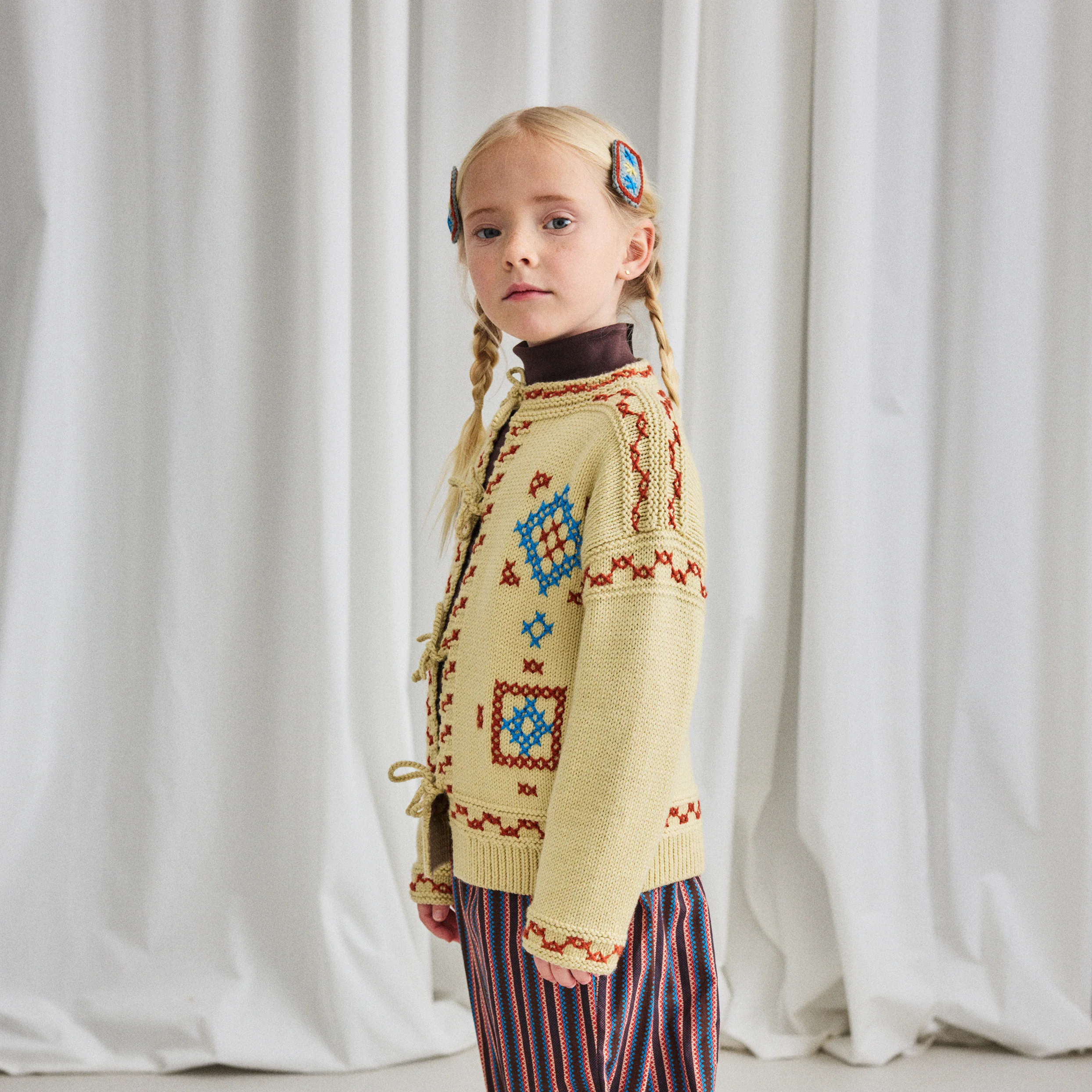 Kids Merino Wool Cross Stitch Bjorn Cardigan - Raffia - Image 6