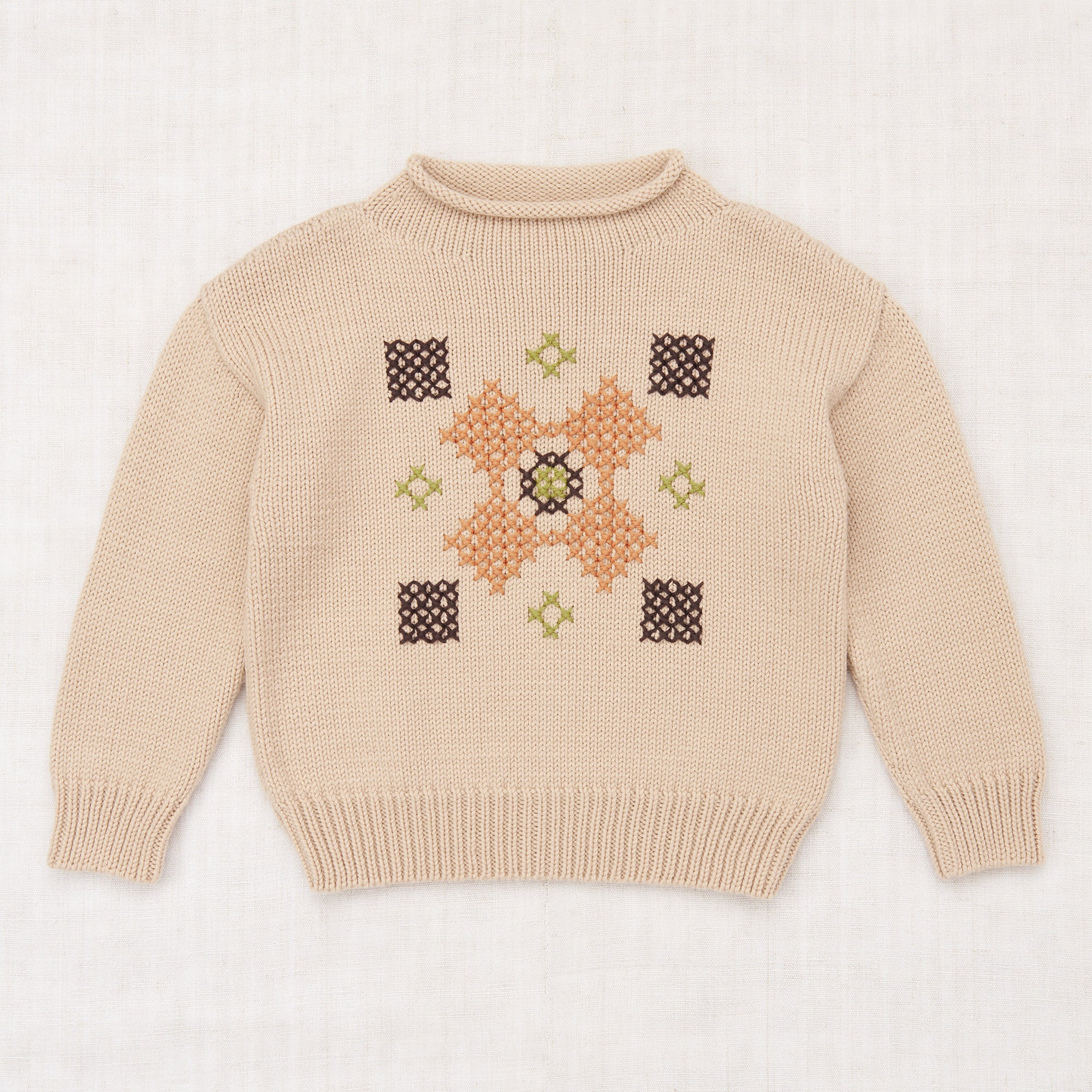 Kids Merino Wool Cross Stitch Simple Sweater - Patina
