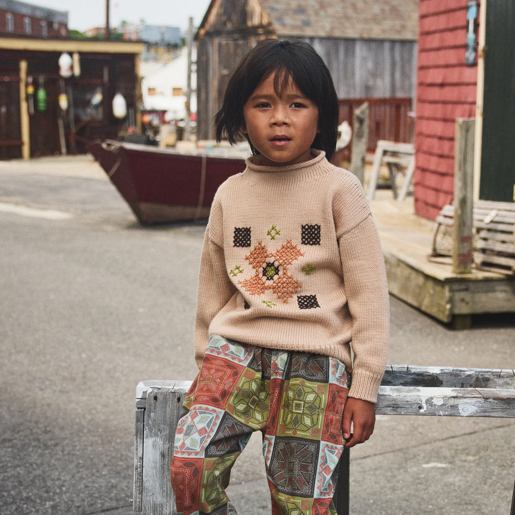 Kids Merino Wool Cross Stitch Simple Sweater - Patina - Image 2