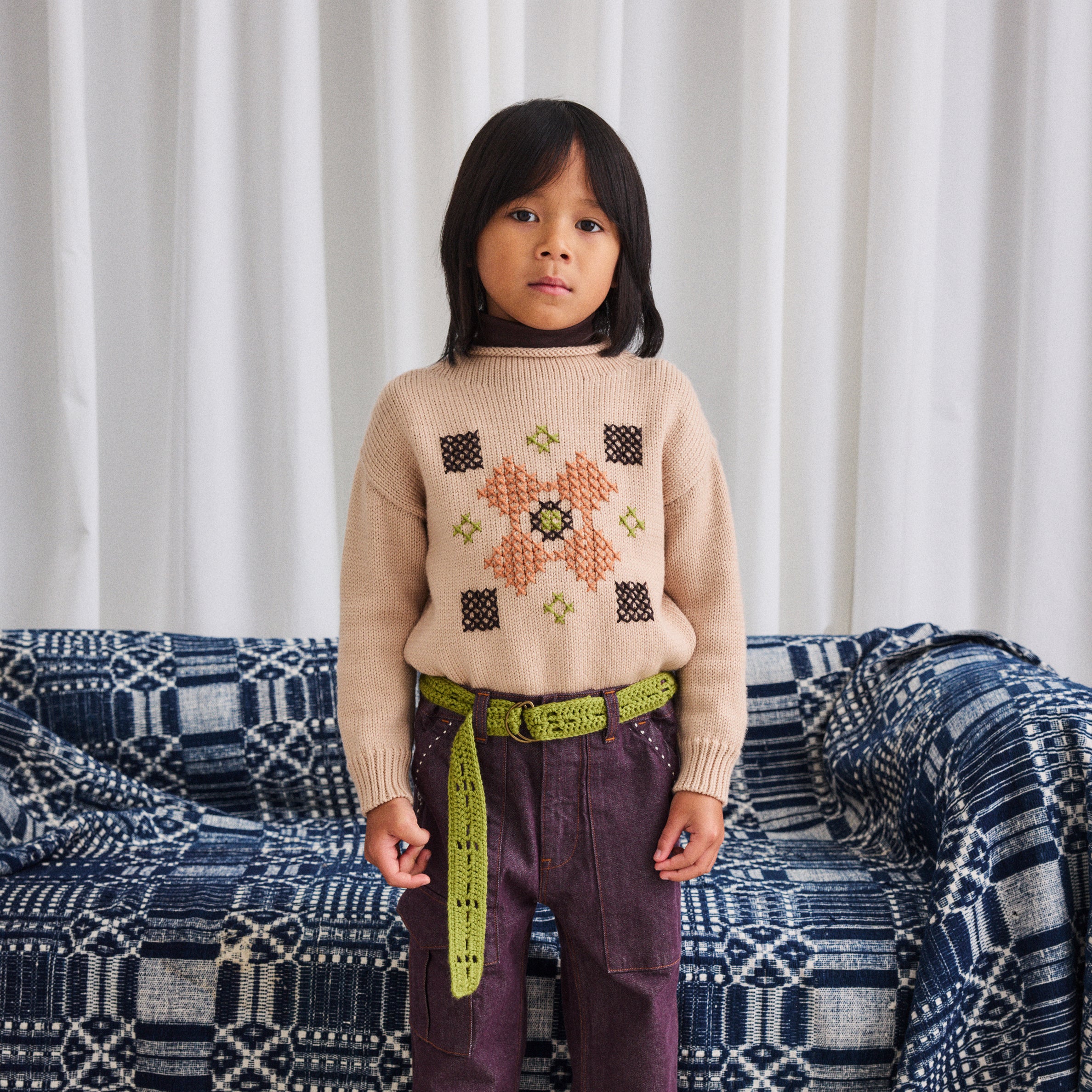 Kids Merino Wool Cross Stitch Simple Sweater - Patina - Image 3