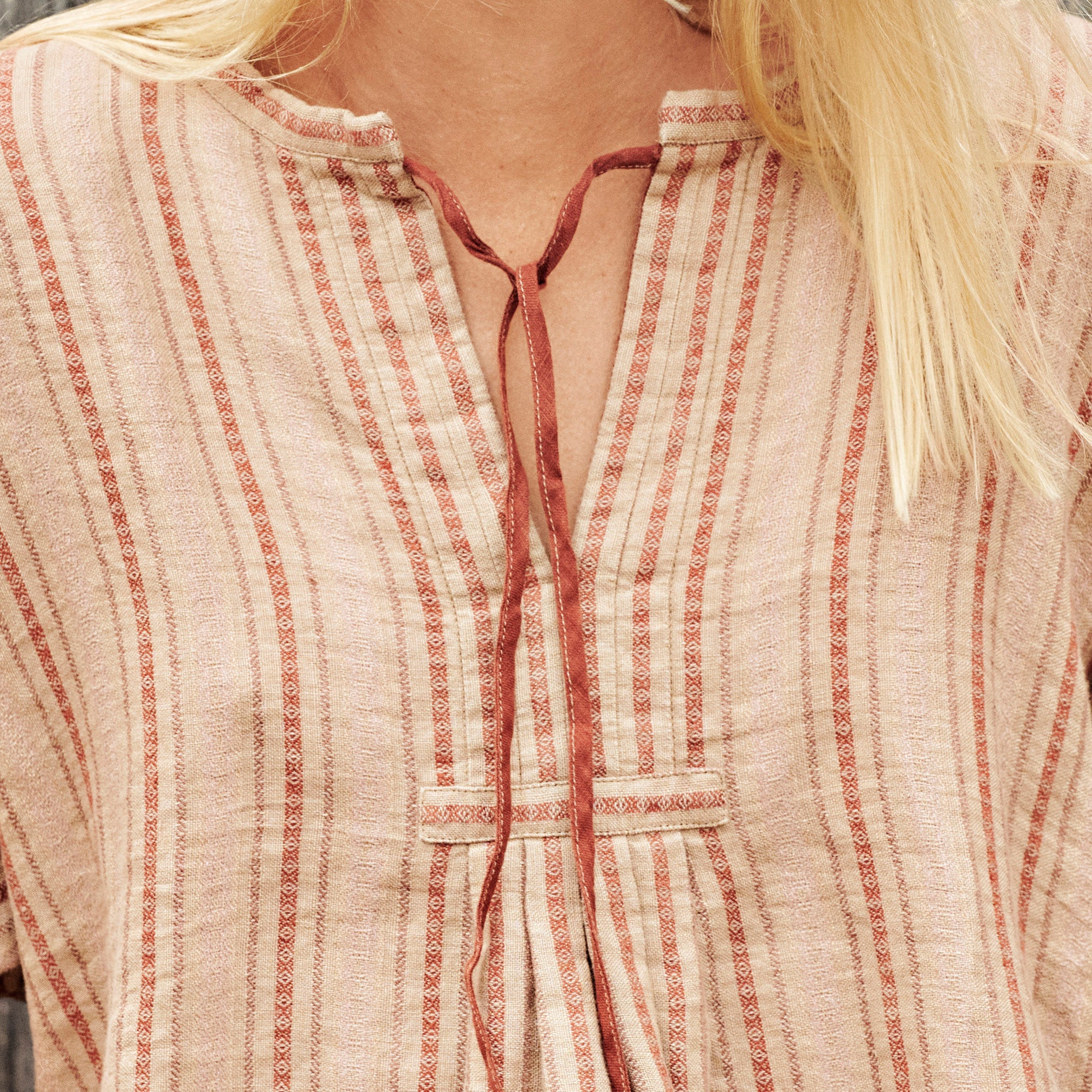 Women's Linen Folklore Blouse - Red Stripe - Image 2