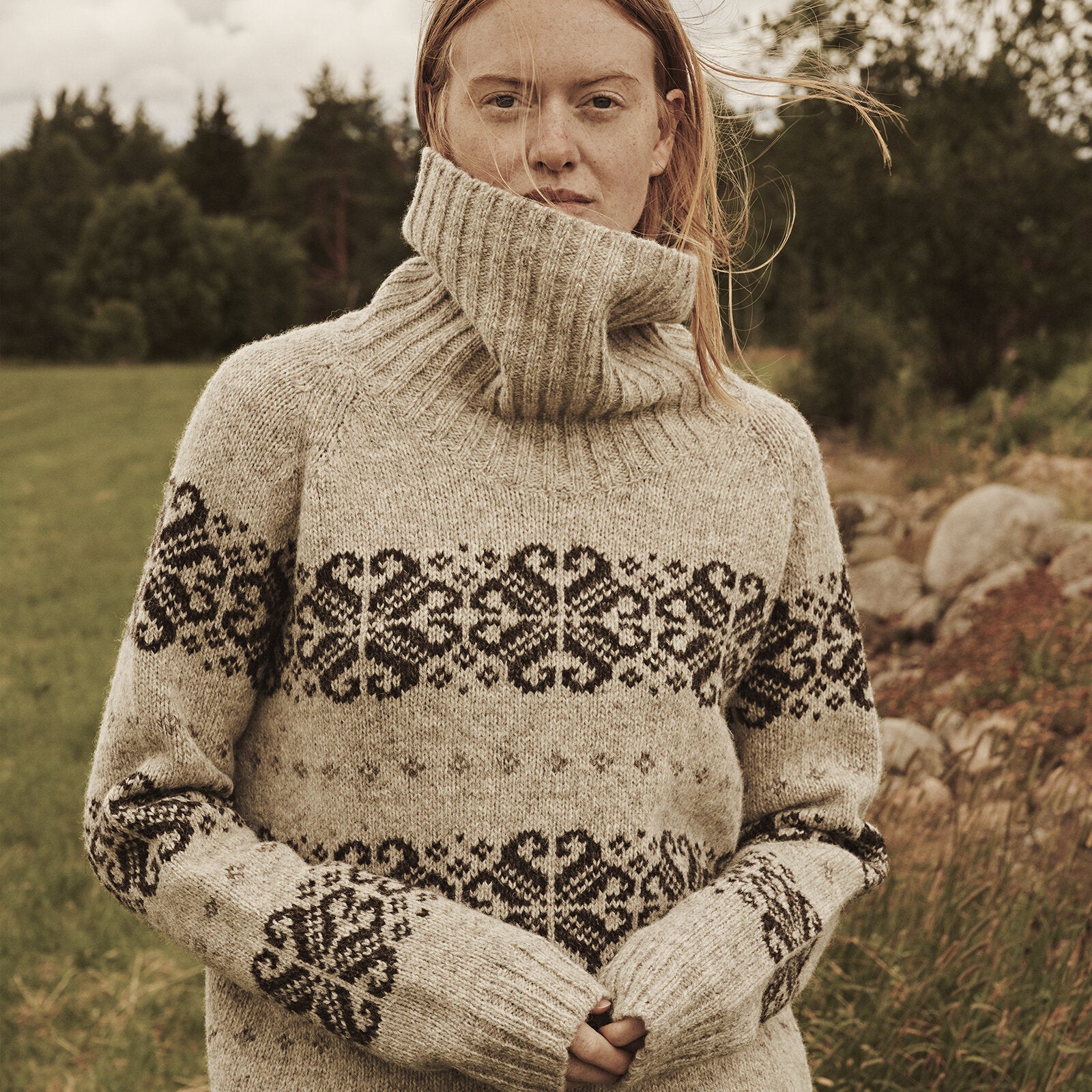 Women's Wool Folklore Polo Neck Sweater - Undyed Light Grey