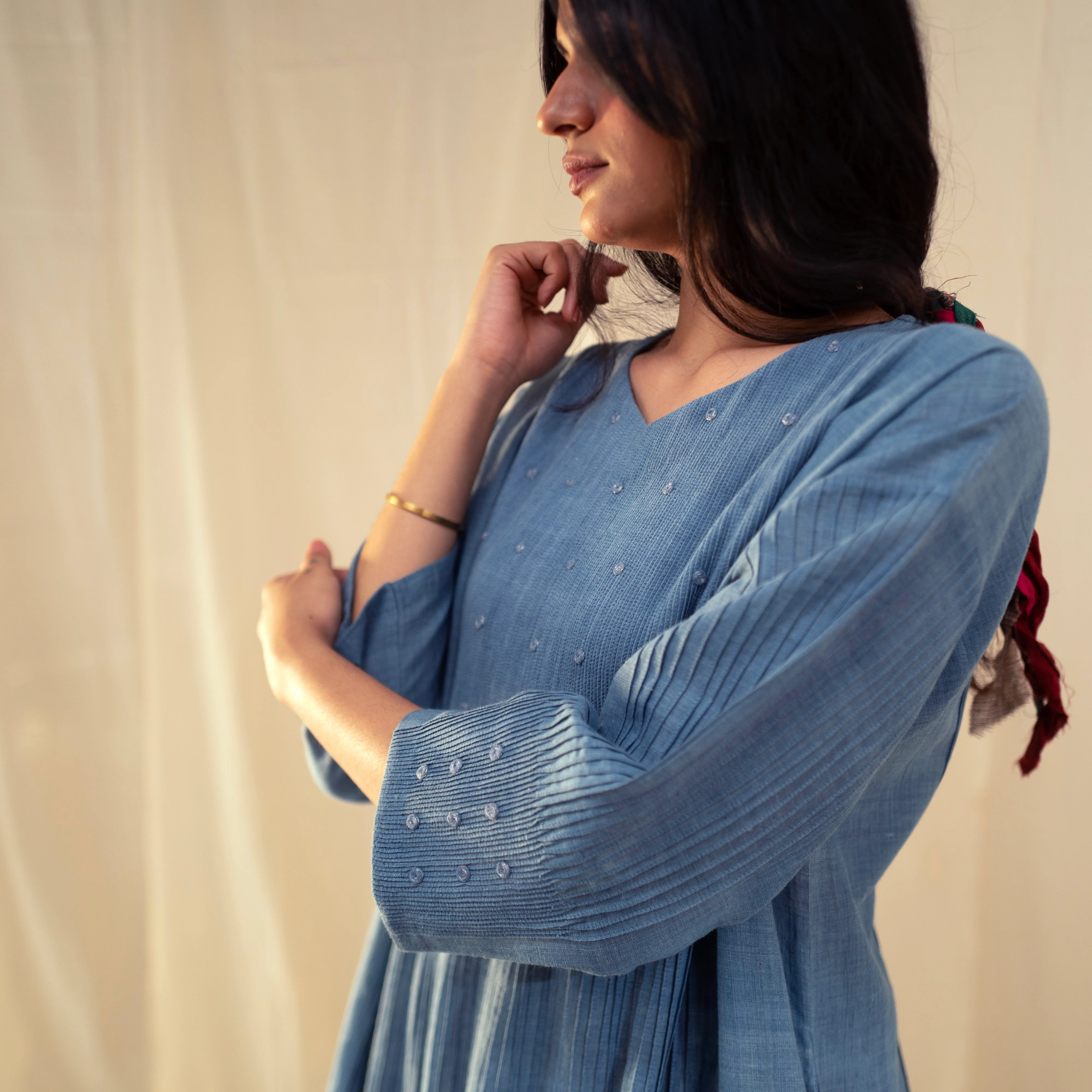 Women's Handwoven Cotton Anaar Pleated Dress - Indigo - Image 3