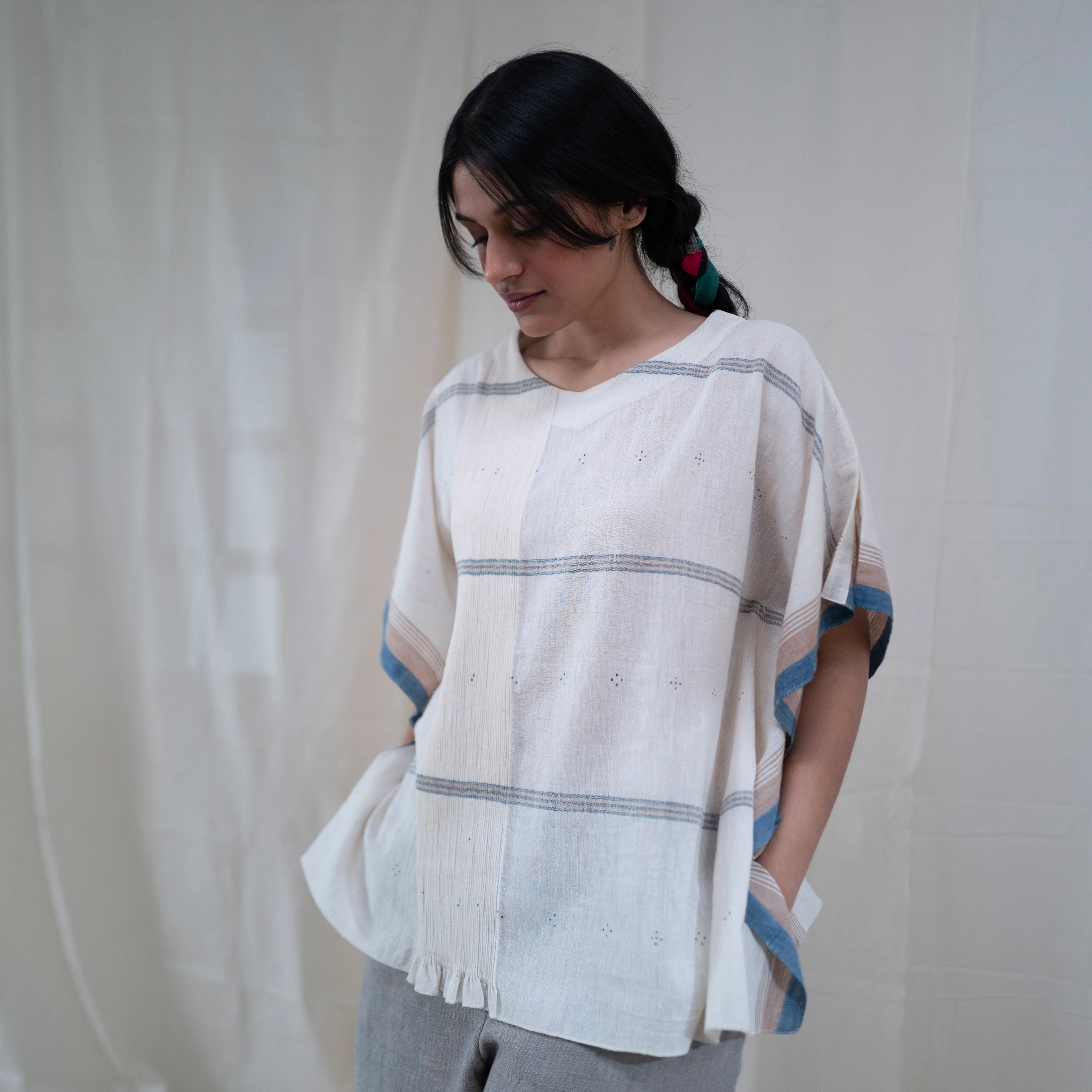 Women's Handwoven Noor Mali Top - Indigo Stripe - Image 2