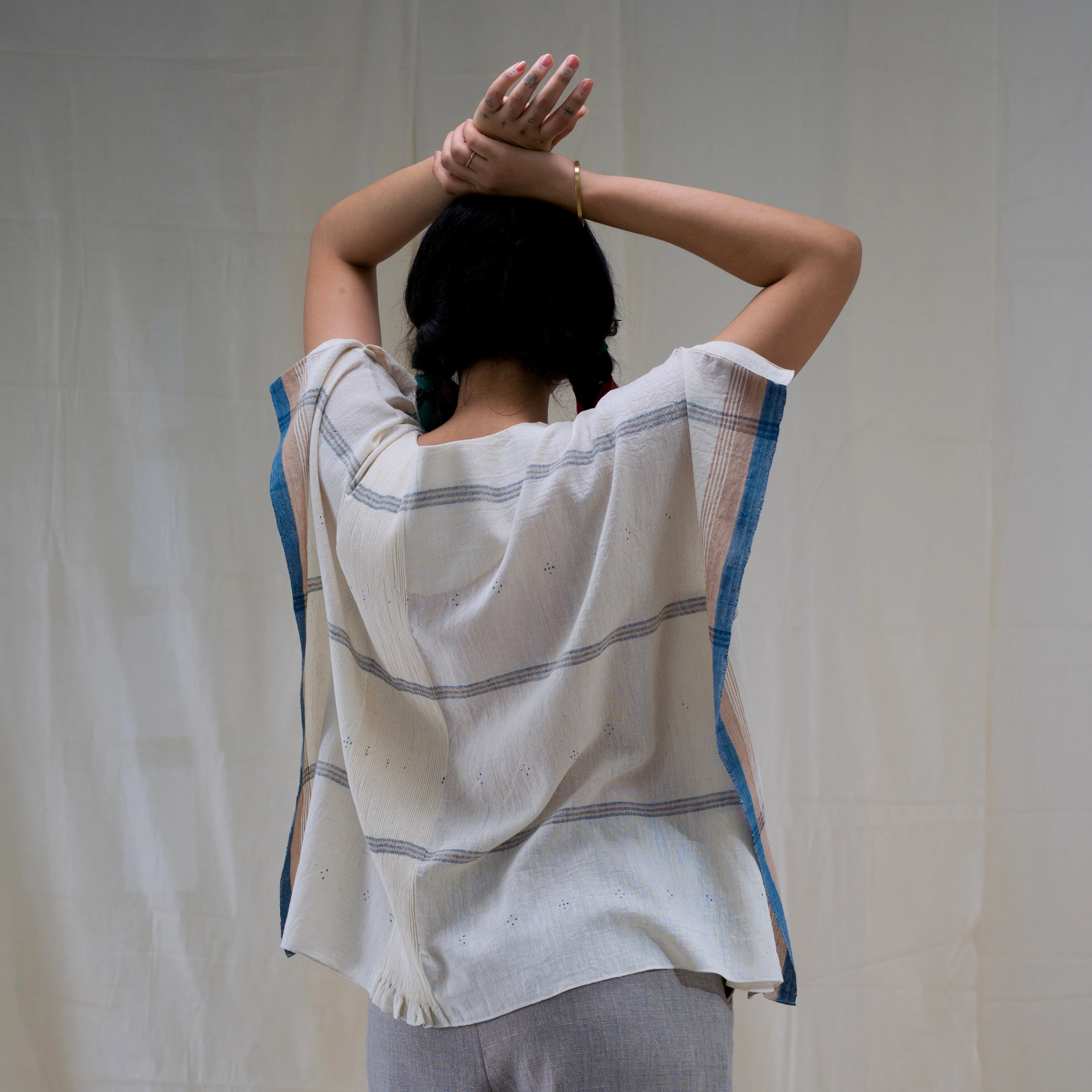 Women's Handwoven Noor Mali Top - Indigo Stripe - Image 3