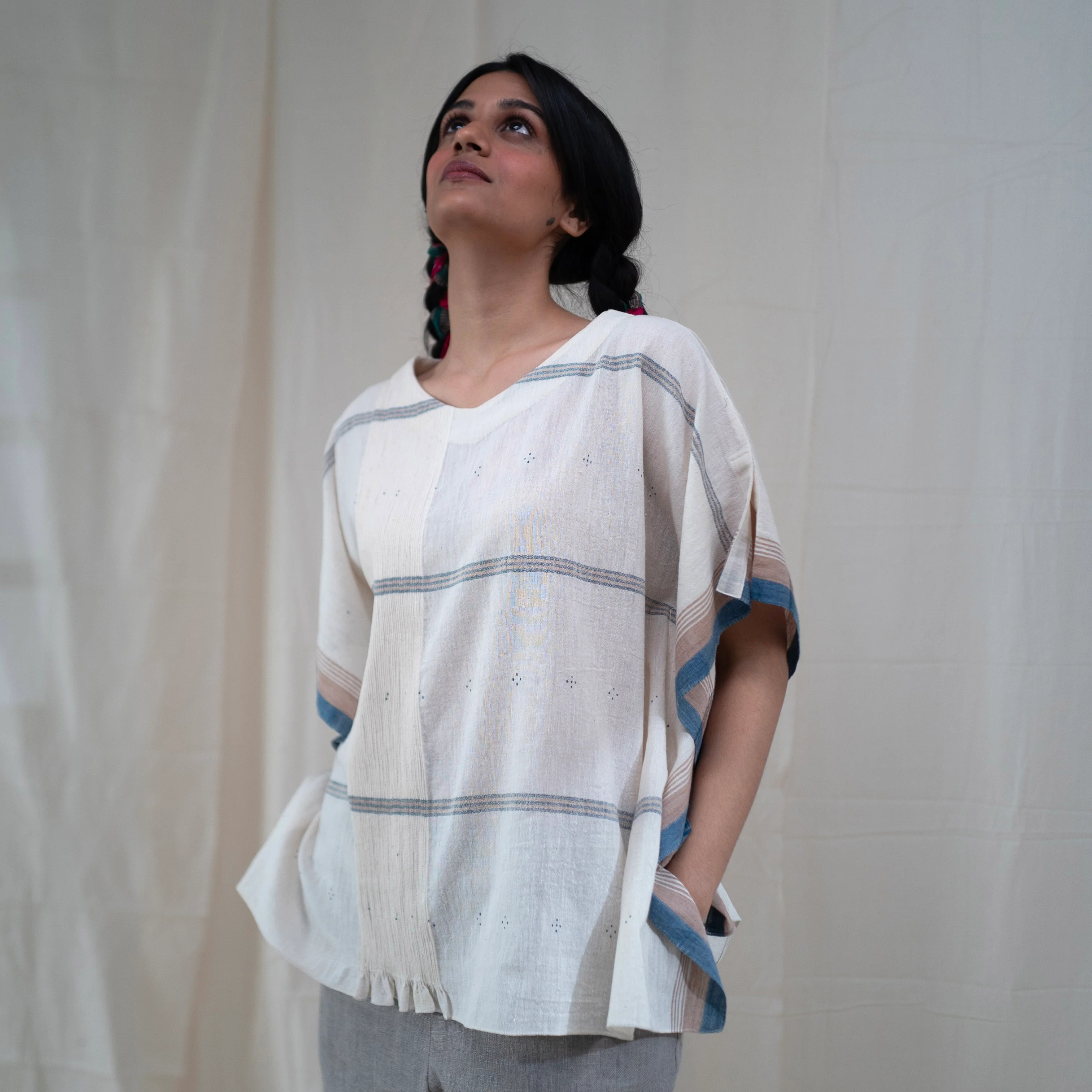 Women's Handwoven Noor Mali Top - Indigo Stripe - Image 4