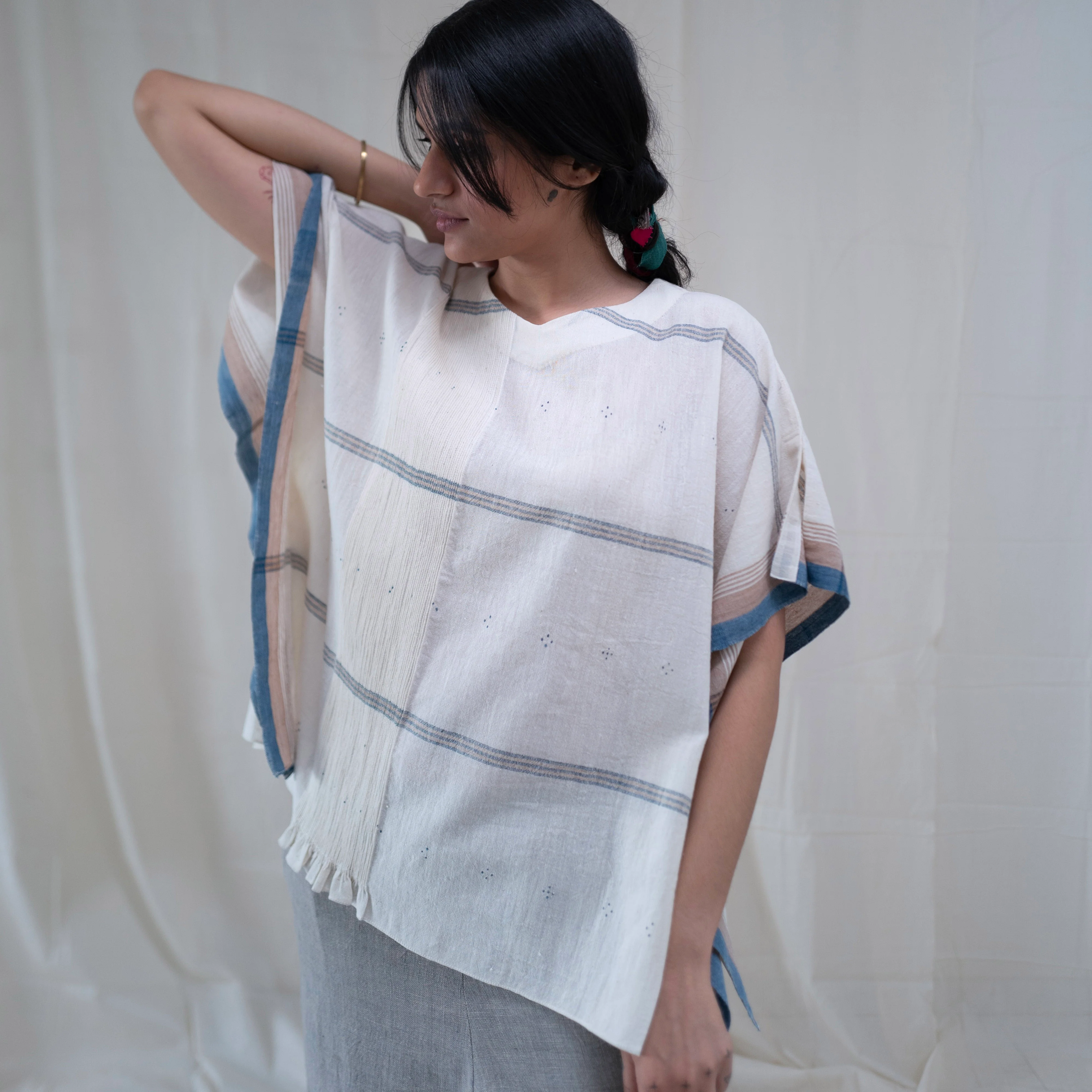 Women's Handwoven Noor Mali Top - Indigo Stripe - Image 5