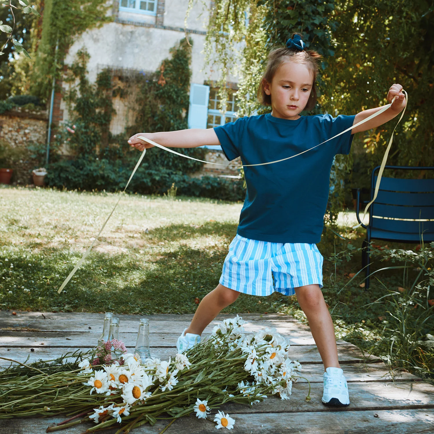 Kids Cotton Poplin Gui Shorts - Wide Blue/White Stripe - Image 9